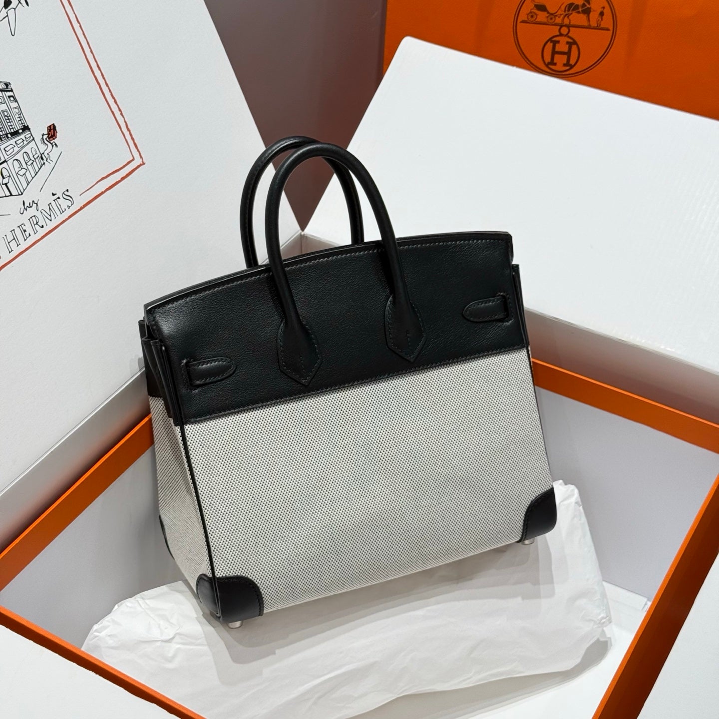 HERMES QUADRILLE BIRKIN 25CM IN BLACK SWIFT CALFSKIN WHITE TOILE CANVAS