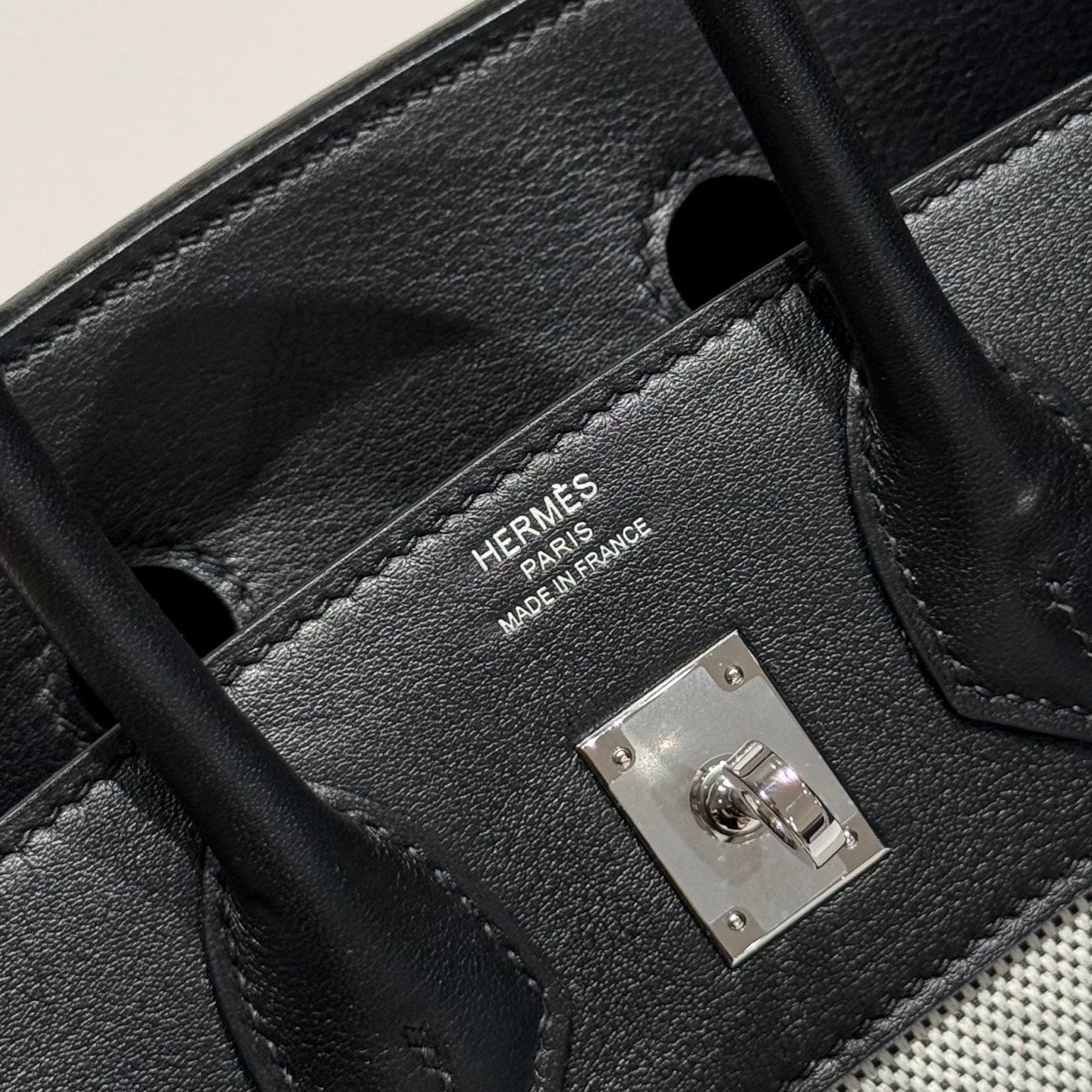 HERMES QUADRILLE BIRKIN 25CM IN BLACK SWIFT CALFSKIN WHITE TOILE CANVAS
