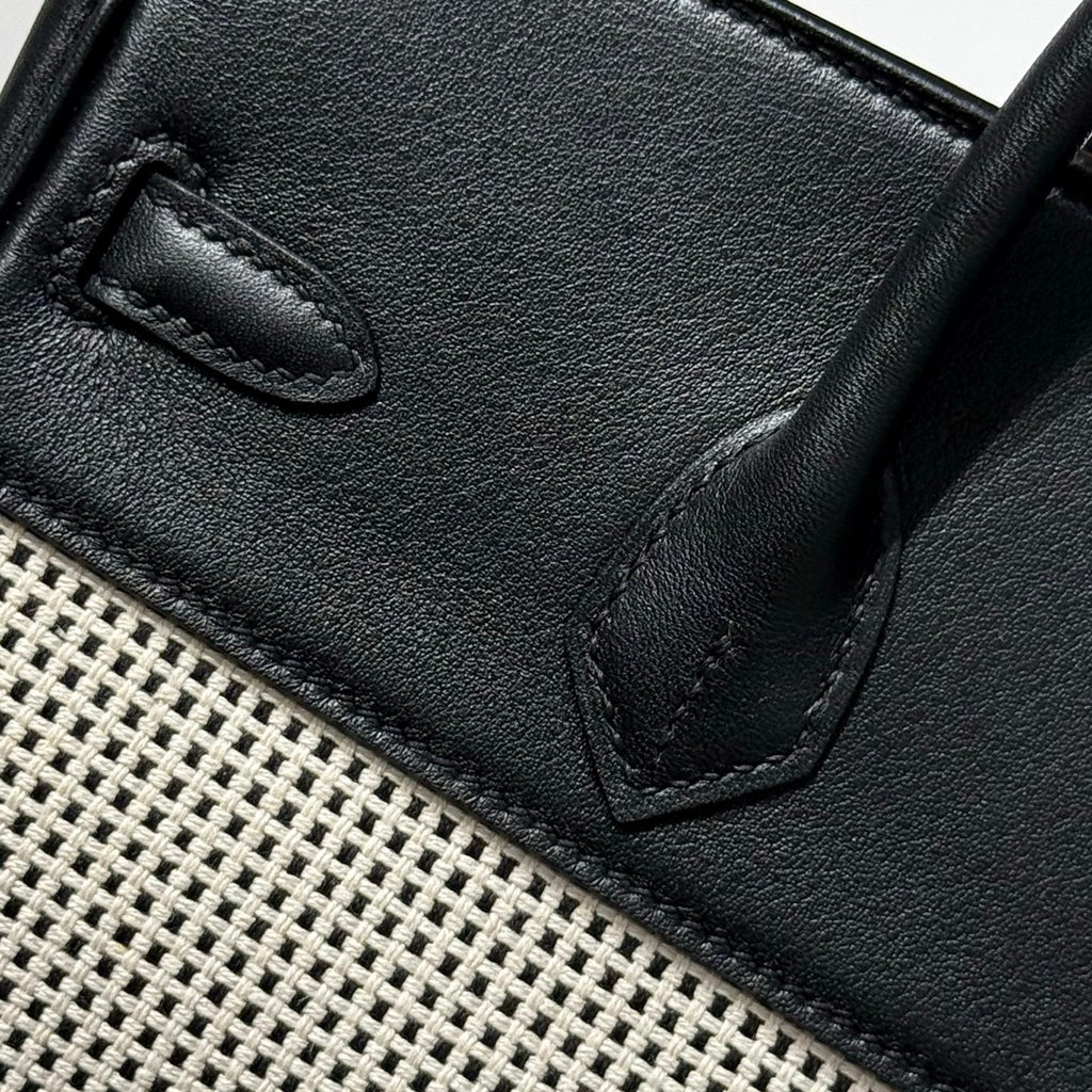HERMES QUADRILLE BIRKIN 25CM IN BLACK SWIFT CALFSKIN WHITE BLACK PLAID TOILE CANVAS