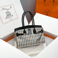 HERMES BIRKIN SHOULDER 29 IN BLACK CALFSKIN ÉCRU/NOIR/FAUVE/NOIR/BLEU ZANZIBAR EMBROIDERY PLAID CANVAS