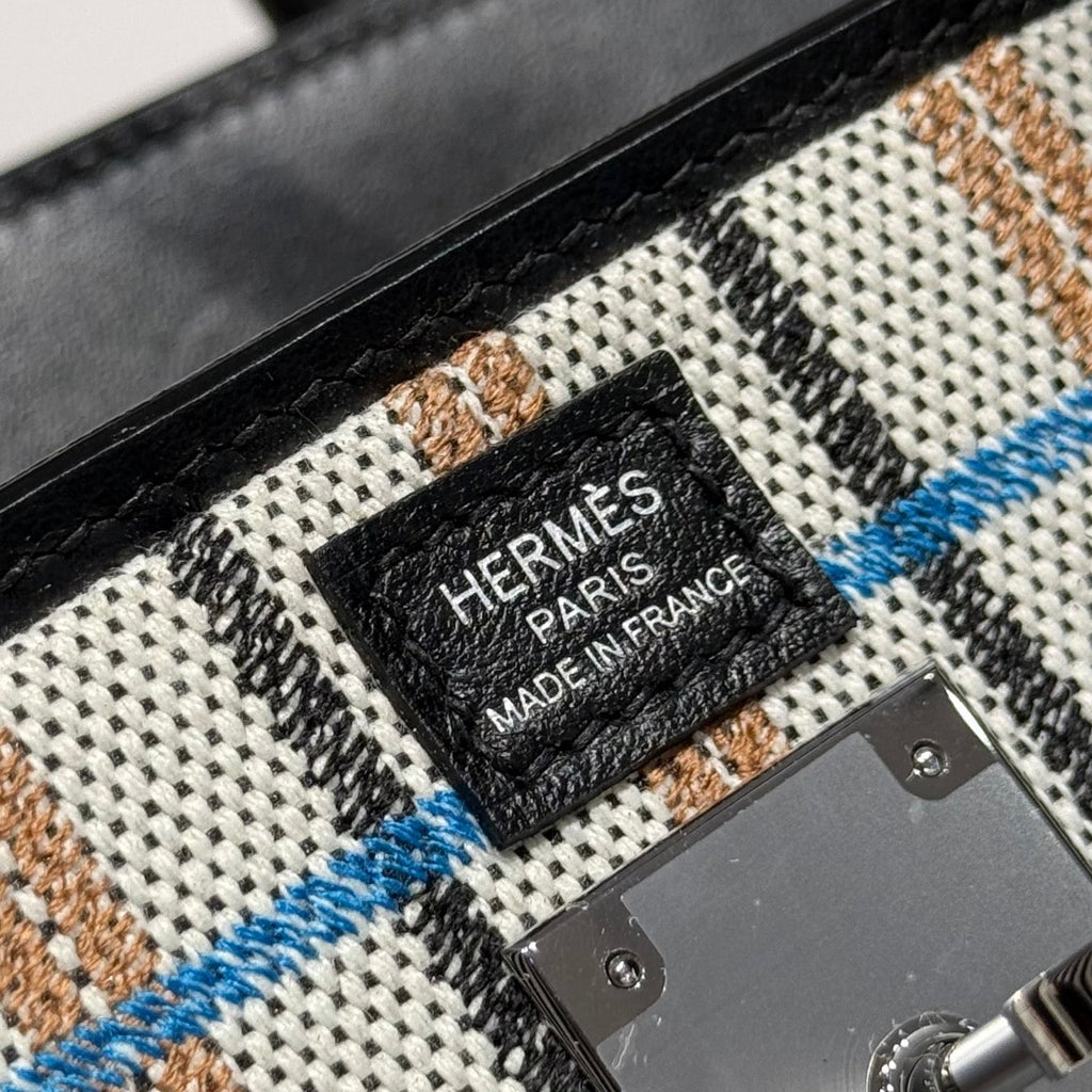HERMES BIRKIN SHOULDER 29 IN BLACK CALFSKIN ÉCRU/NOIR/FAUVE/NOIR/BLEU ZANZIBAR EMBROIDERY PLAID CANVAS