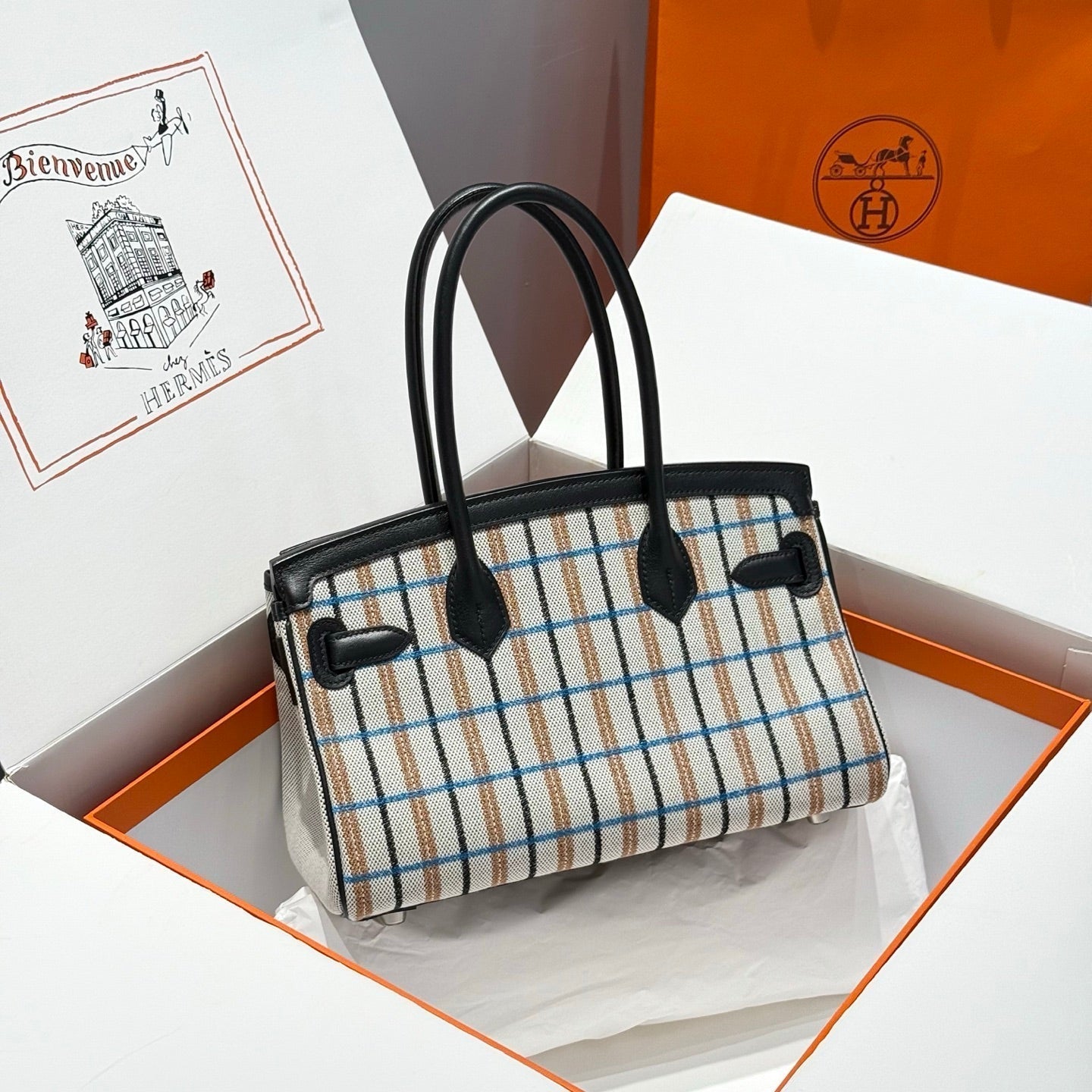 HERMES BIRKIN SHOULDER 29 IN BLACK CALFSKIN ÉCRU/NOIR/FAUVE/NOIR/BLEU ZANZIBAR EMBROIDERY PLAID CANVAS