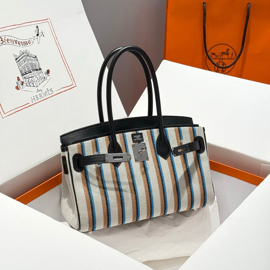 HERMES BIRKIN SHOULDER 29 IN BLACK CALFSKIN ÉCRU/NOIR/FAUVE/NOIR/BLEU ZANZIBAR EMBROIDERY CANVAS