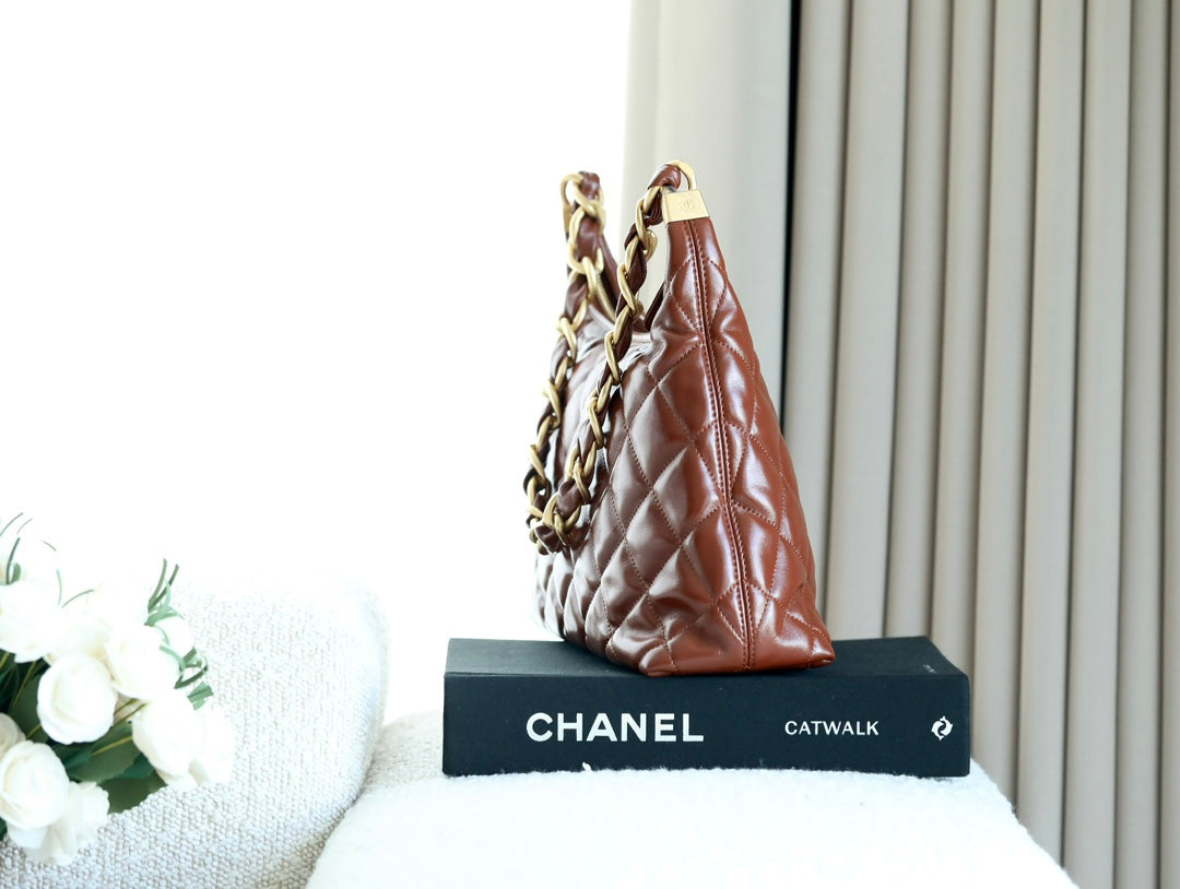 CHANEL 25S HOBO BAG 32 CM IN BROWN LAMBSKIN WITH GOLD HARDWARE
