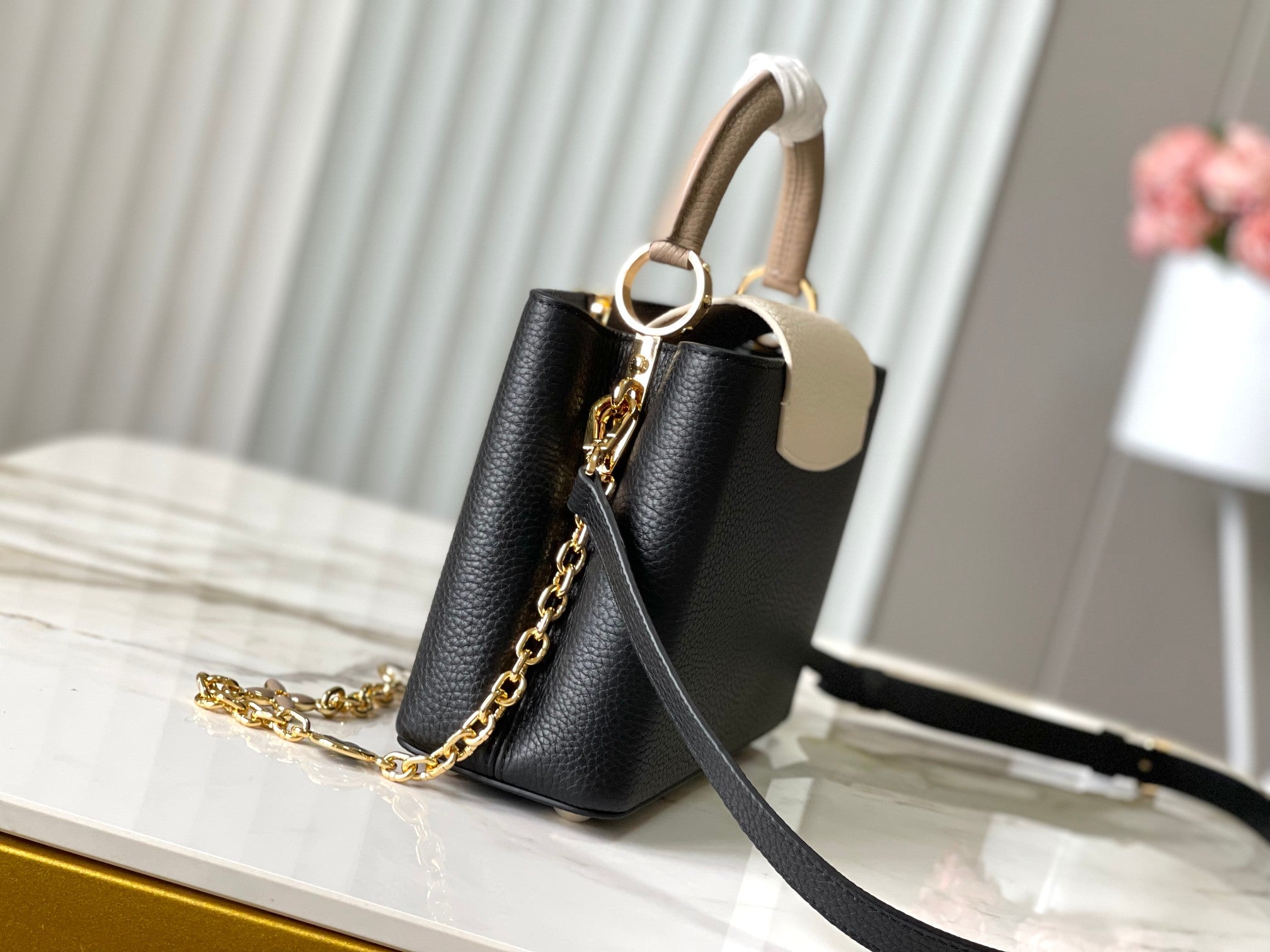 LOUIS VUITTON CAPUCINES BB 27 IN BLACK MIX WHITE TAURILLON GOLD HARDWARE