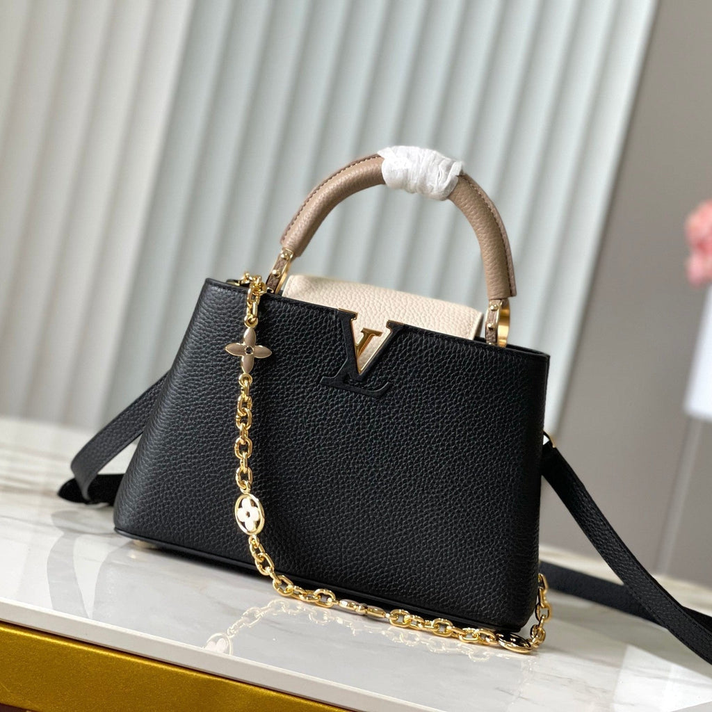LOUIS VUITTON CAPUCINES BB 27 IN BLACK MIX WHITE TAURILLON GOLD HARDWARE