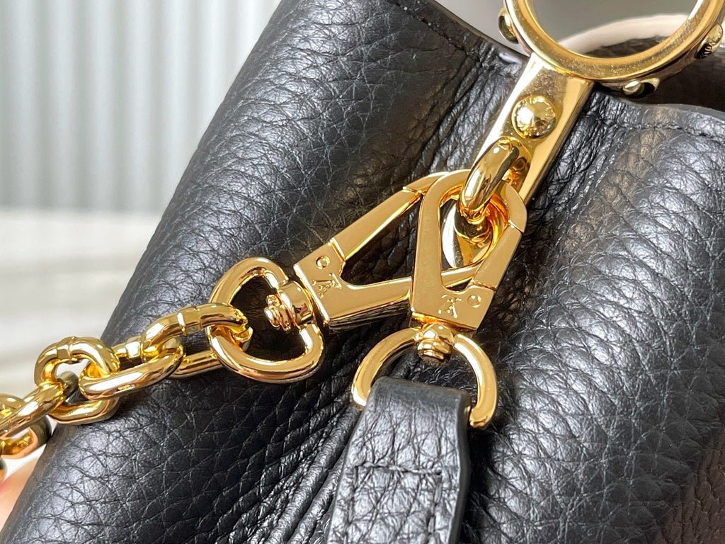 LOUIS VUITTON CAPUCINES MINI 21 IN BLACK MIX WHITE TAURILLON GOLD HARDWARE