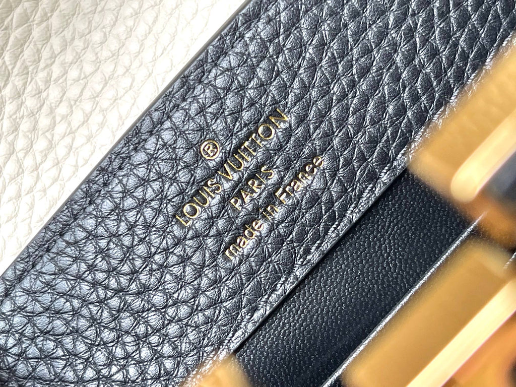 LOUIS VUITTON CAPUCINES MINI 21 IN BLACK MIX WHITE TAURILLON GOLD HARDWARE