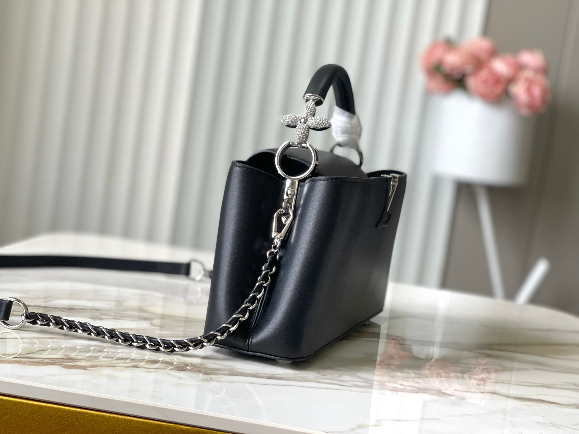 LOUIS VUITTON CAPUCINES EAST-WEST 30 IN BLACK SHEEPSKIN CRYSTAL AND SILVER HARDWARE