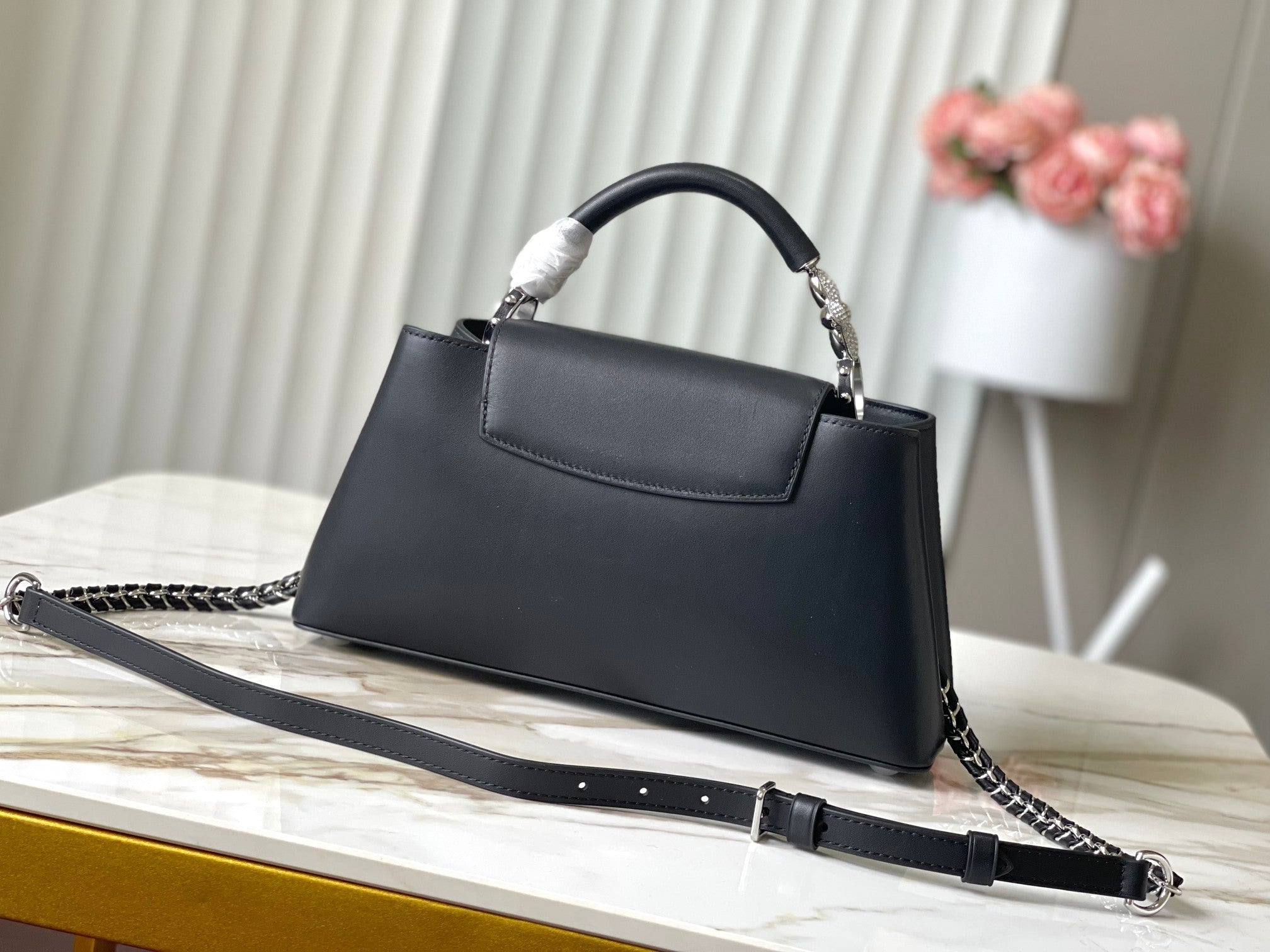 LOUIS VUITTON CAPUCINES EAST-WEST 30 IN BLACK SHEEPSKIN CRYSTAL AND SILVER HARDWARE