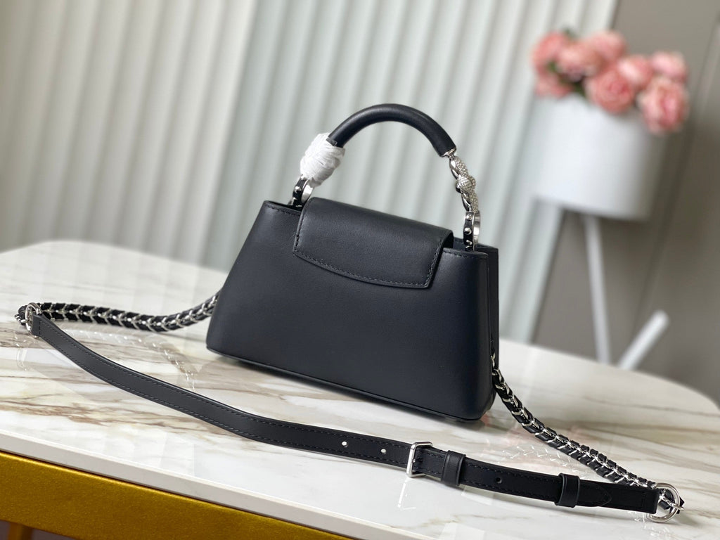 LOUIS VUITTON CAPUCINES EAST-WEST MINI 22 IN BLACK SHEEPSKIN CRYSTAL AND SILVER HARDWARE