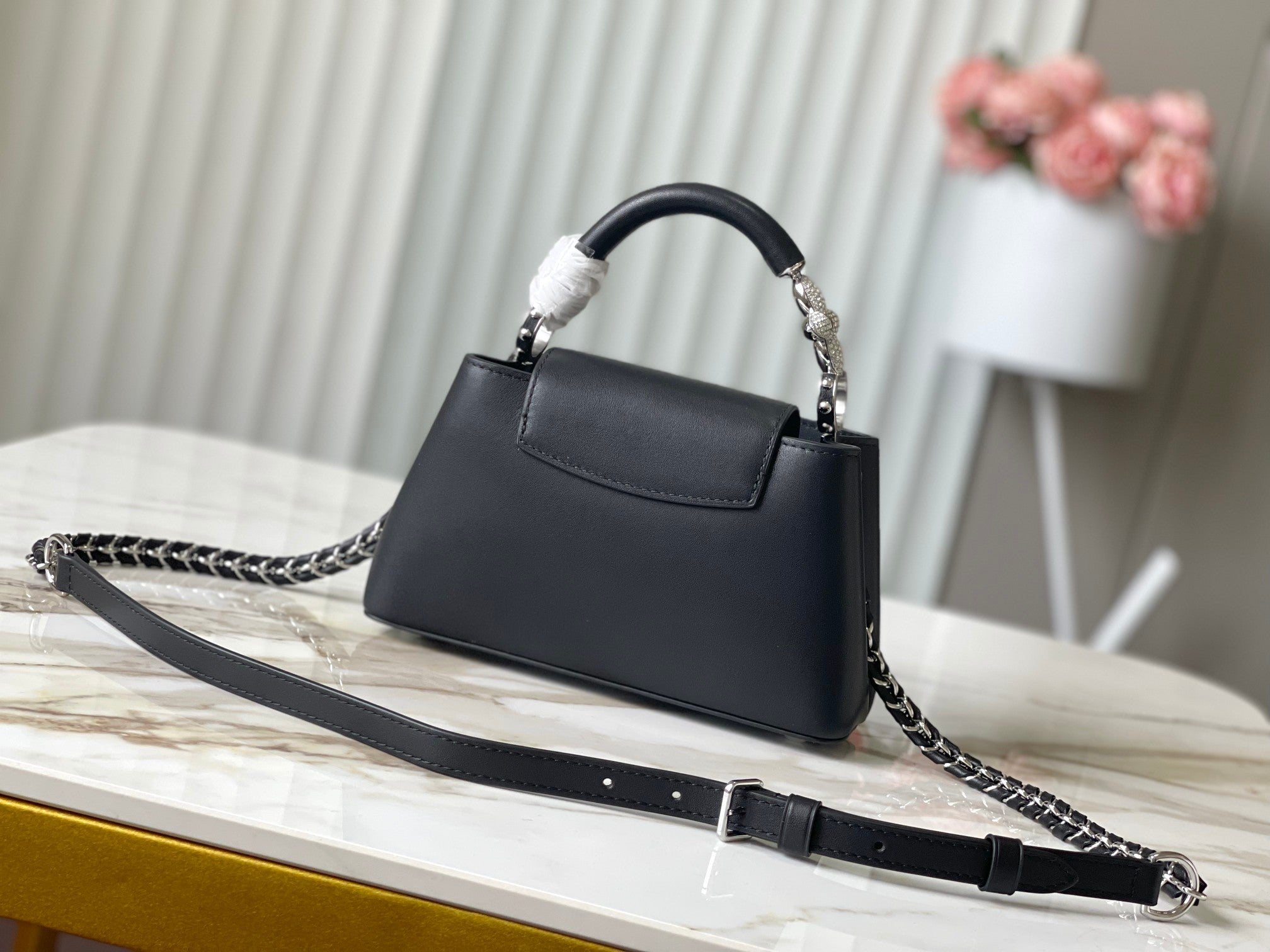 LOUIS VUITTON CAPUCINES EAST-WEST MINI 22 IN BLACK SHEEPSKIN CRYSTAL AND SILVER HARDWARE