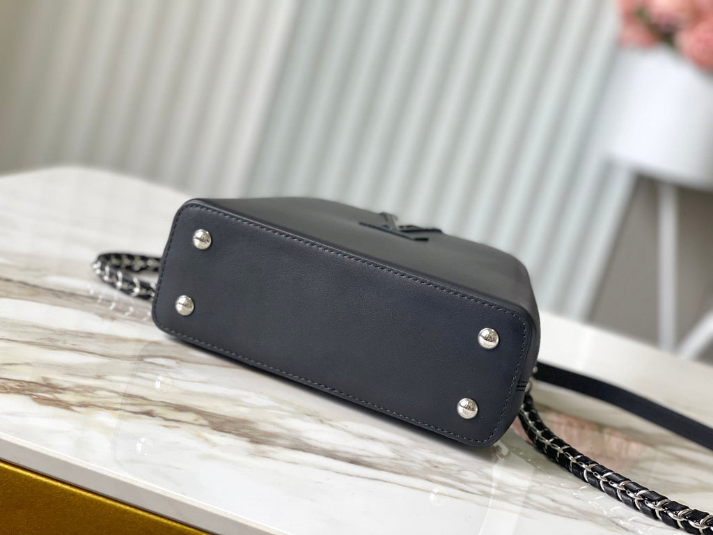 LOUIS VUITTON CAPUCINES EAST-WEST MINI 22 IN BLACK SHEEPSKIN CRYSTAL AND SILVER HARDWARE
