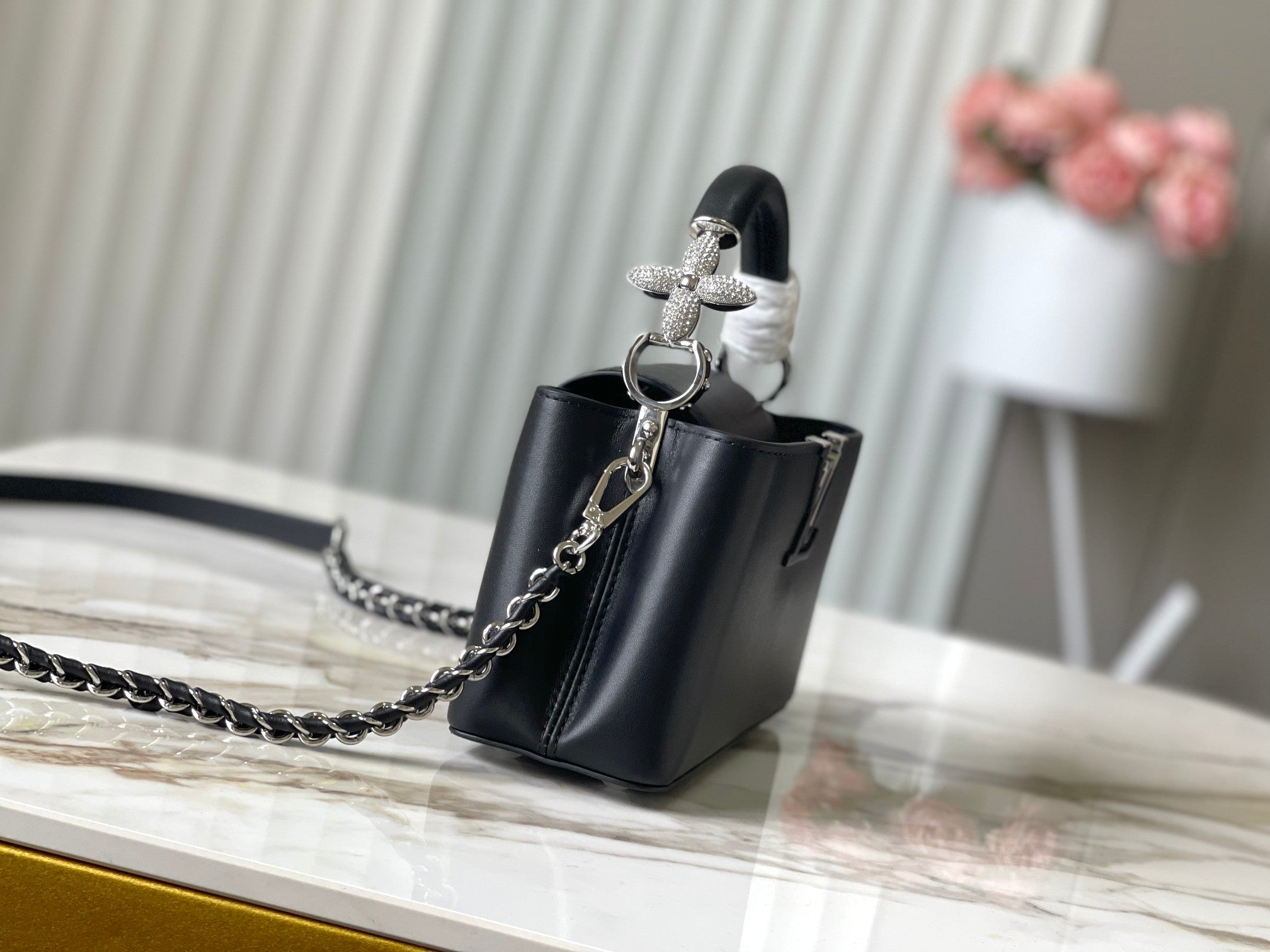 LOUIS VUITTON CAPUCINES EAST-WEST MINI 22 IN BLACK SHEEPSKIN CRYSTAL AND SILVER HARDWARE