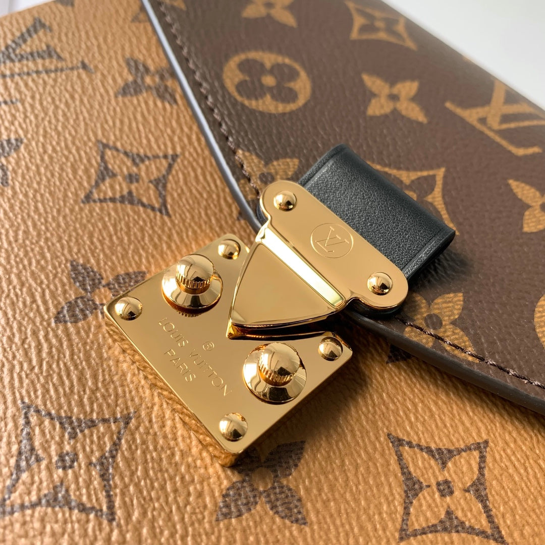 LOUIS VUITTON POCHETTE MÉTIS 20 IN BROWN MONOGRAM AND MONOGRAM REVERSE CANVAS GOLD BUCKLE