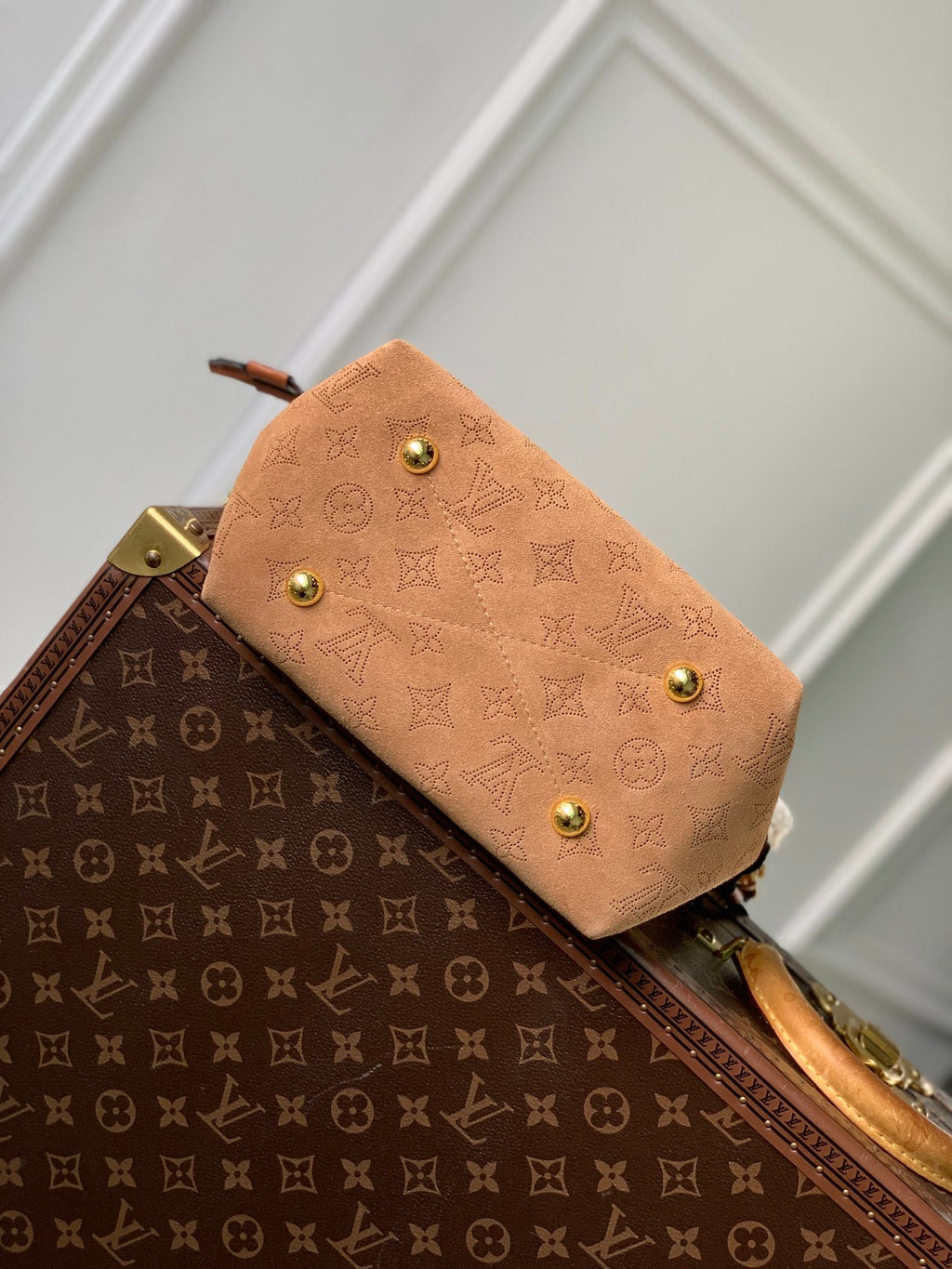 LOUIS VUITTON BELLA 22 IN CINNAMON BROWN MONOGRAM PERFORATED SUEDE AND WHITE SHEARLING TRIM