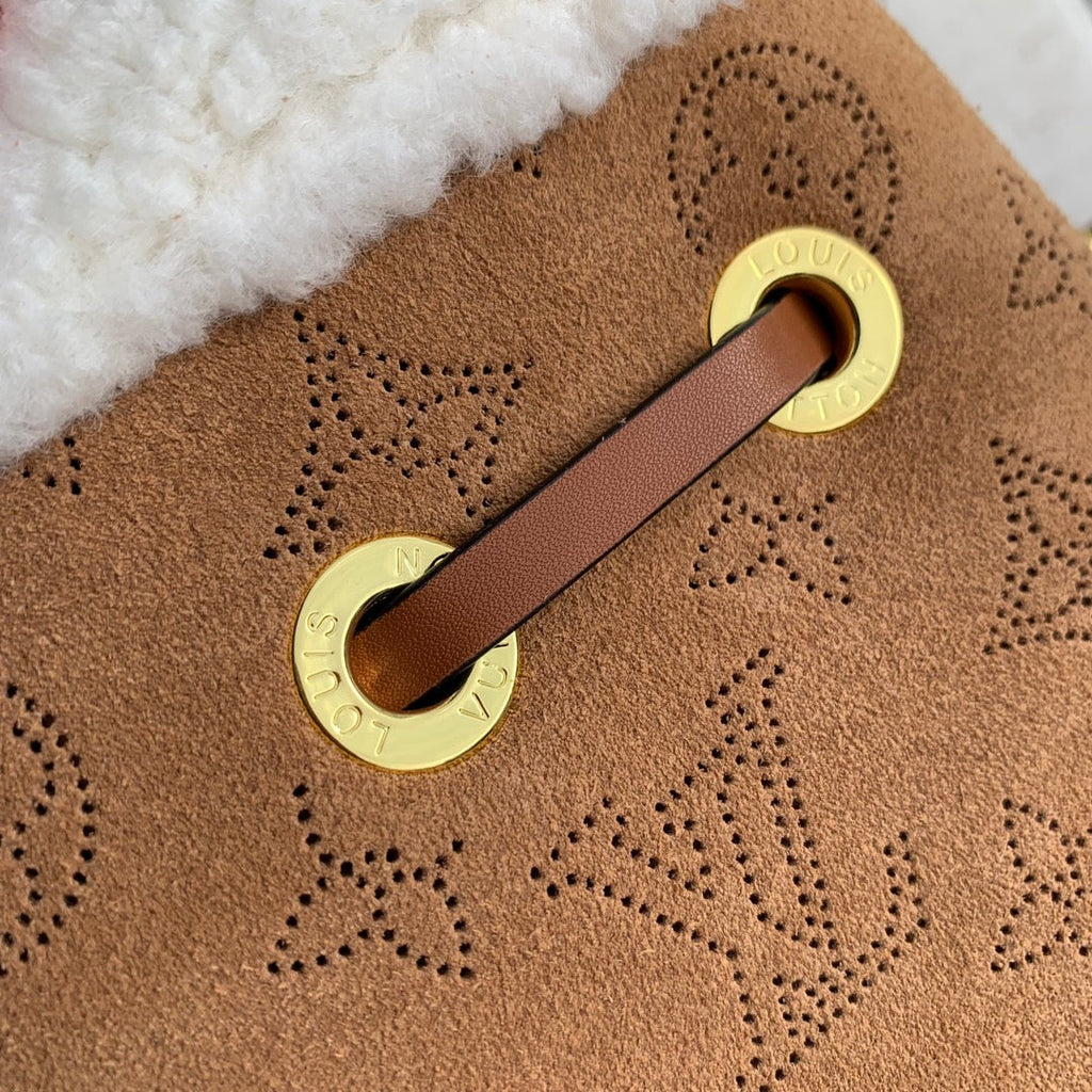 LOUIS VUITTON BELLA 22 IN CINNAMON BROWN MONOGRAM PERFORATED SUEDE AND WHITE SHEARLING TRIM