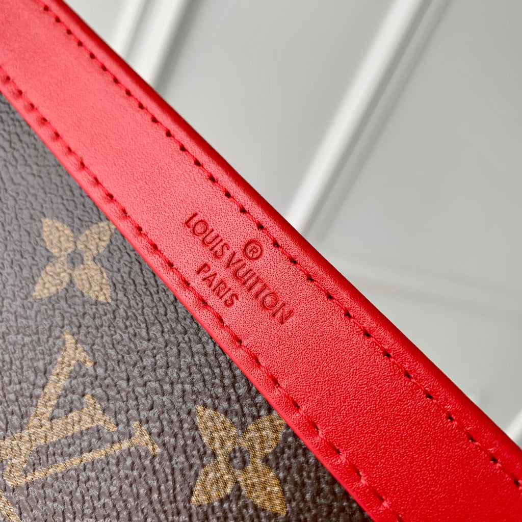 LOUIS VUITTON GASTON WEARABLE WALLET 18 IN BROWN MONOGRAM CANVAS MIX RED CALFSKIN
