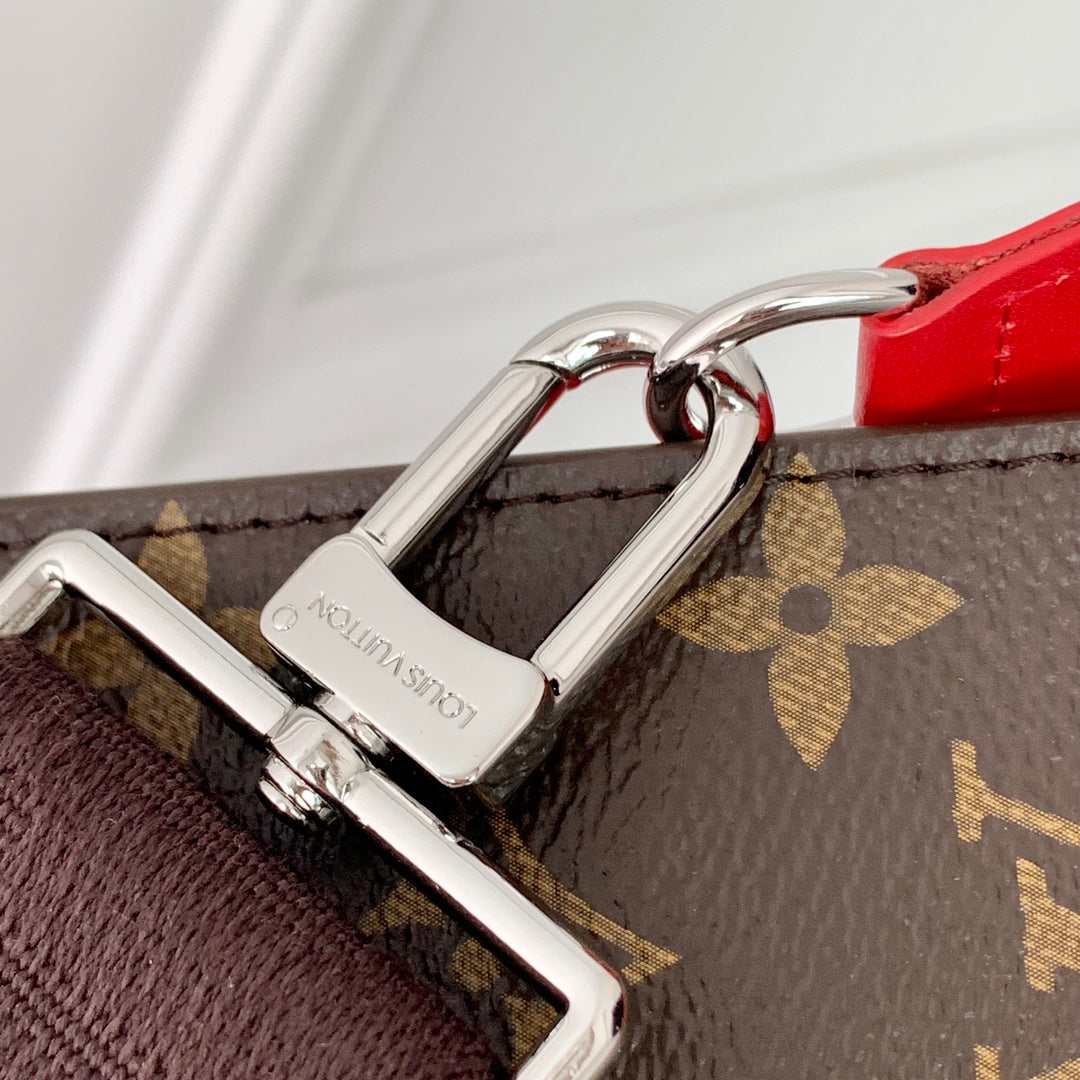 LOUIS VUITTON GASTON WEARABLE WALLET 18 IN BROWN MONOGRAM CANVAS MIX RED CALFSKIN