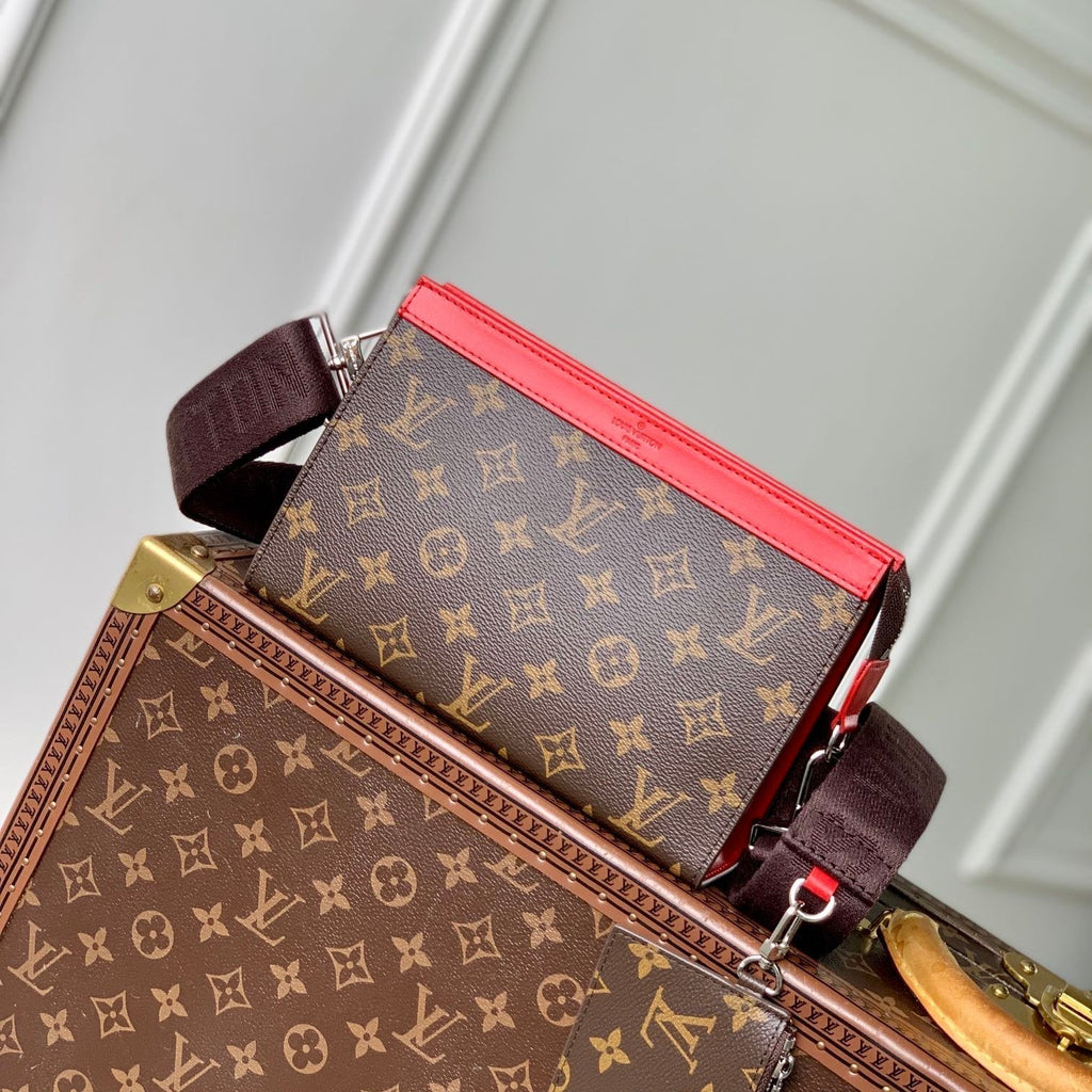 LOUIS VUITTON GASTON WEARABLE WALLET 18 IN BROWN MONOGRAM CANVAS MIX RED CALFSKIN