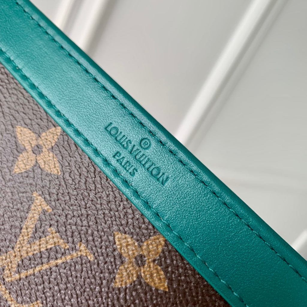 LOUIS VUITTON GASTON WEARABLE WALLET 18 IN BROWN MONOGRAM CANVAS MIX GREEN CALFSKIN