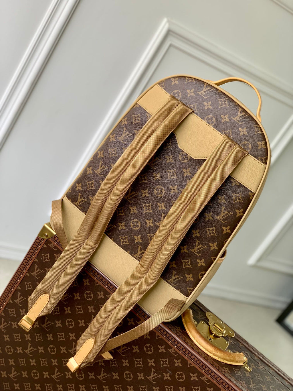 LOUIS VUITTON OUTDOOR BACKPACK 44 IN BEIGE CALFSKIN AND BROWN MONOGRAM CANVAS