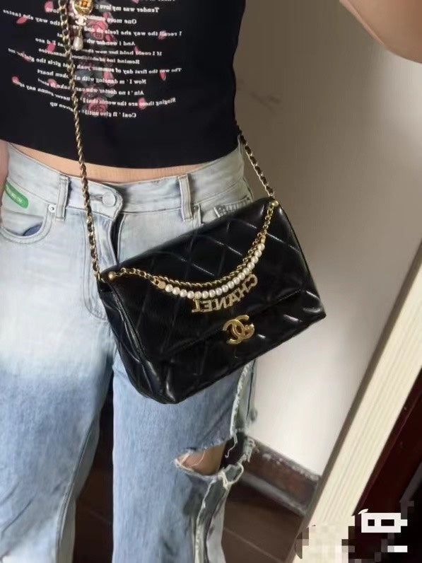 CHANEL MINI 22 FLAP BAG IN BLACK CALFSKIN GOLD HARDWARE WITH PEARL CHAIN