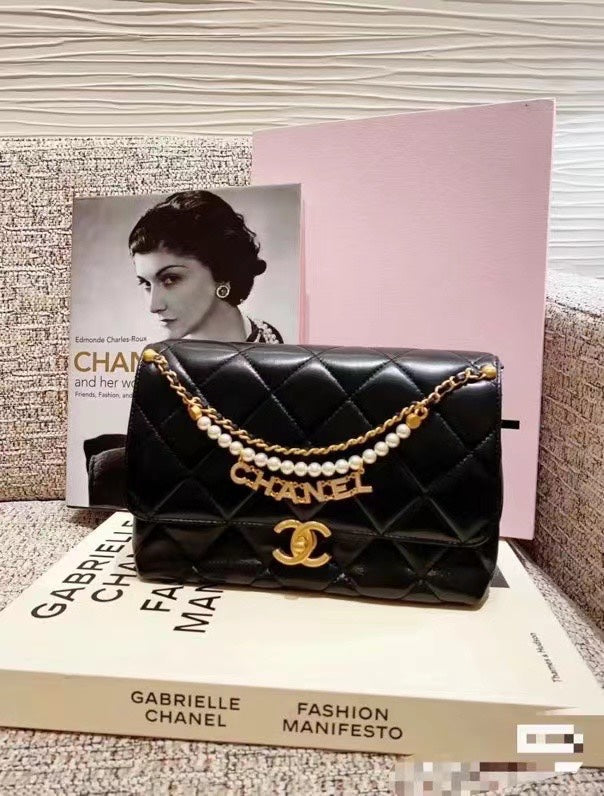 CHANEL MINI 22 FLAP BAG IN BLACK CALFSKIN GOLD HARDWARE WITH PEARL CHAIN