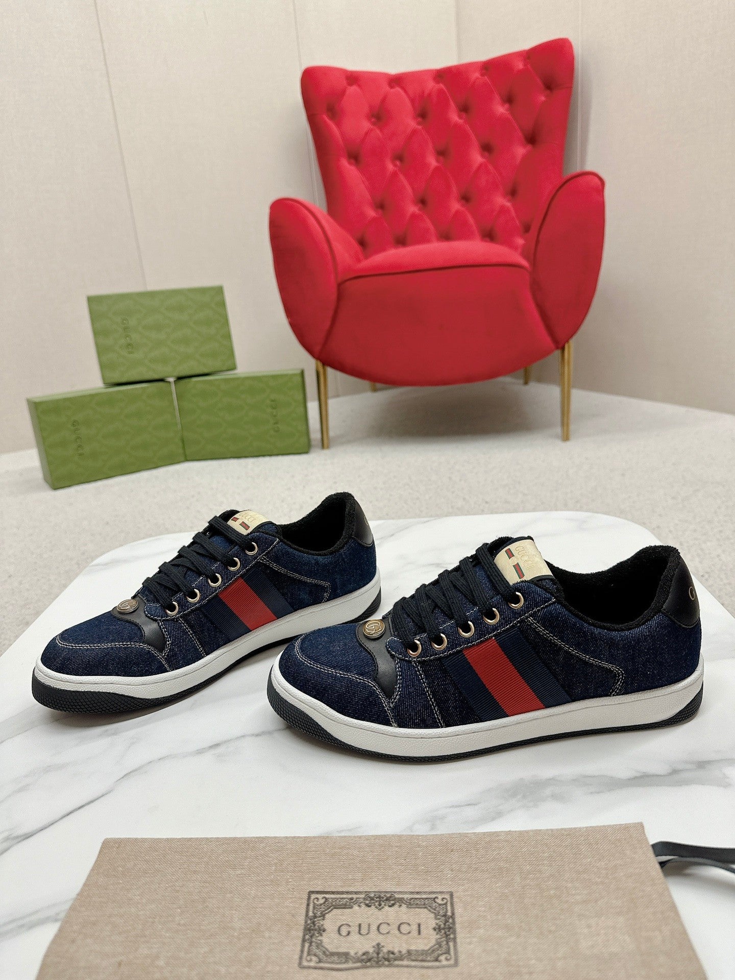GUCCI WOMEN'S SCREENER TRAINER DENIM CALFSKIN