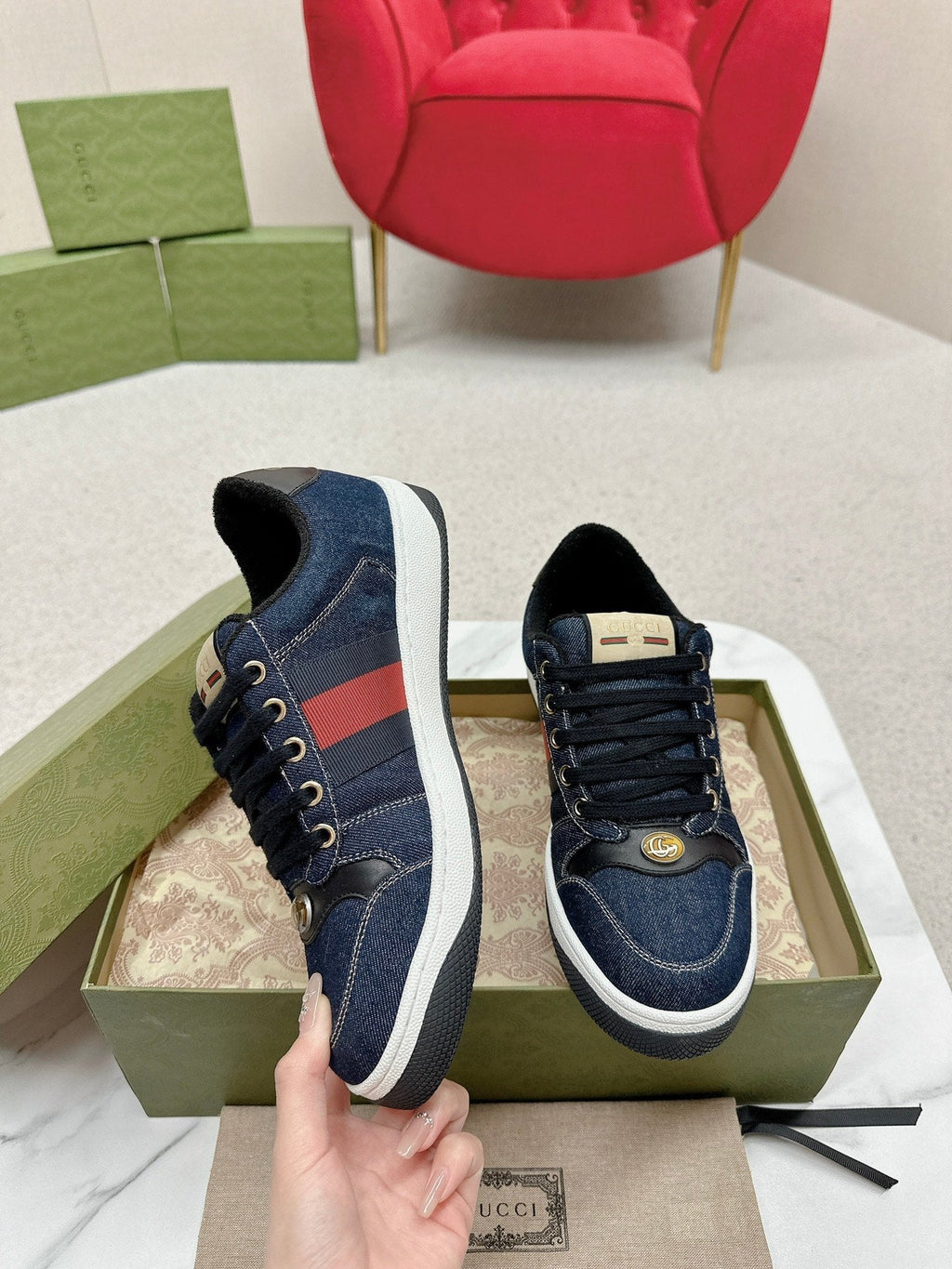 GUCCI WOMEN'S SCREENER TRAINER DENIM CALFSKIN