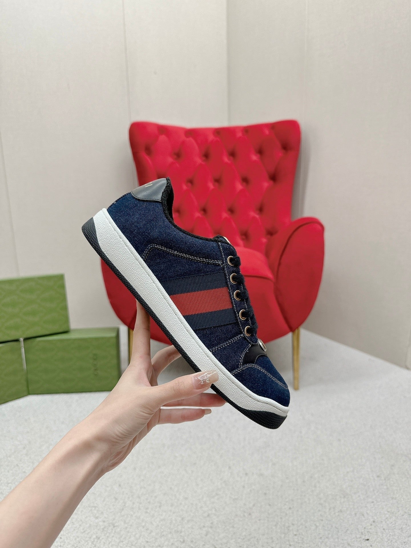 GUCCI WOMEN'S SCREENER TRAINER DENIM CALFSKIN