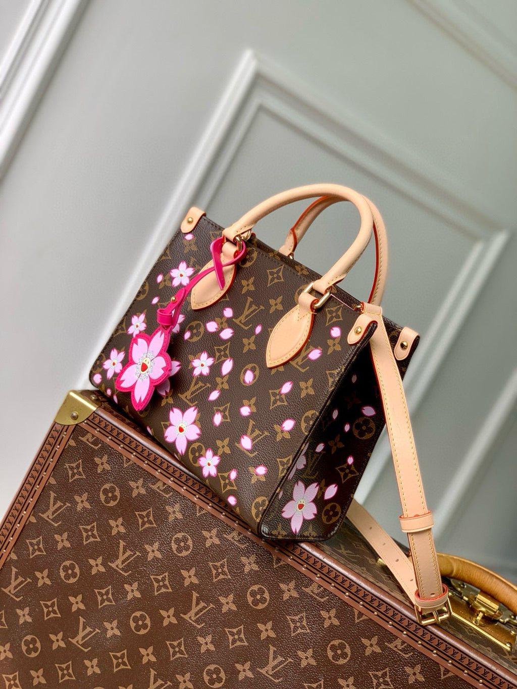 LOUIS VUITTON ONTHEGO PM CHERRY BLOSSOM IN SAKURA BROWN MONOGRAM COATED CANVAS