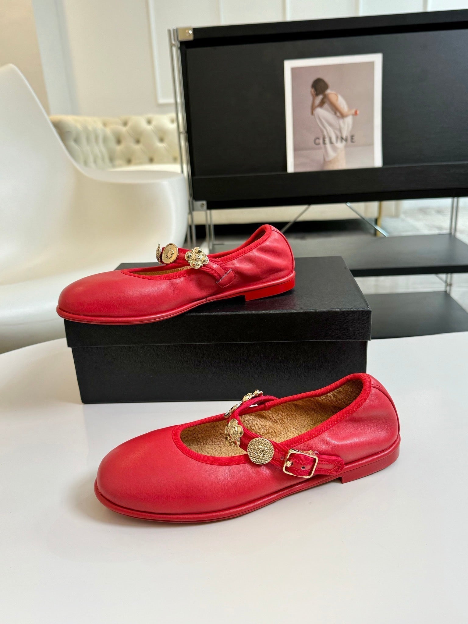 CHANEL MARY JANE SHOES ROSE RED SHEEPSKIN