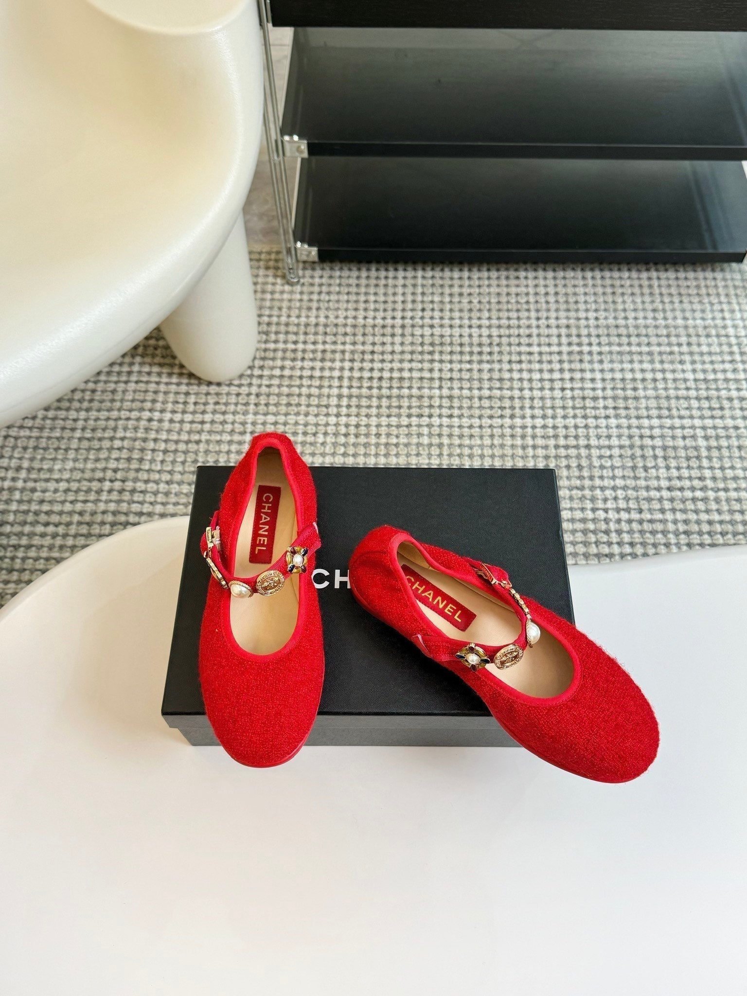 CHANEL MARY JANE SHOES CHERRY RED WOOL TWEED