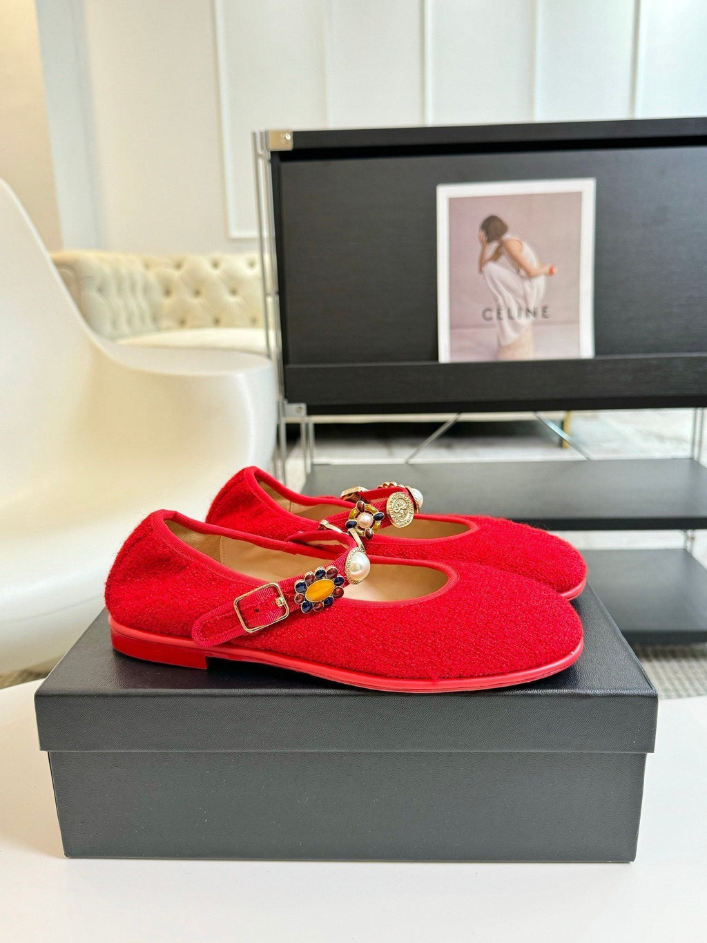 CHANEL MARY JANE SHOES CHERRY RED WOOL TWEED