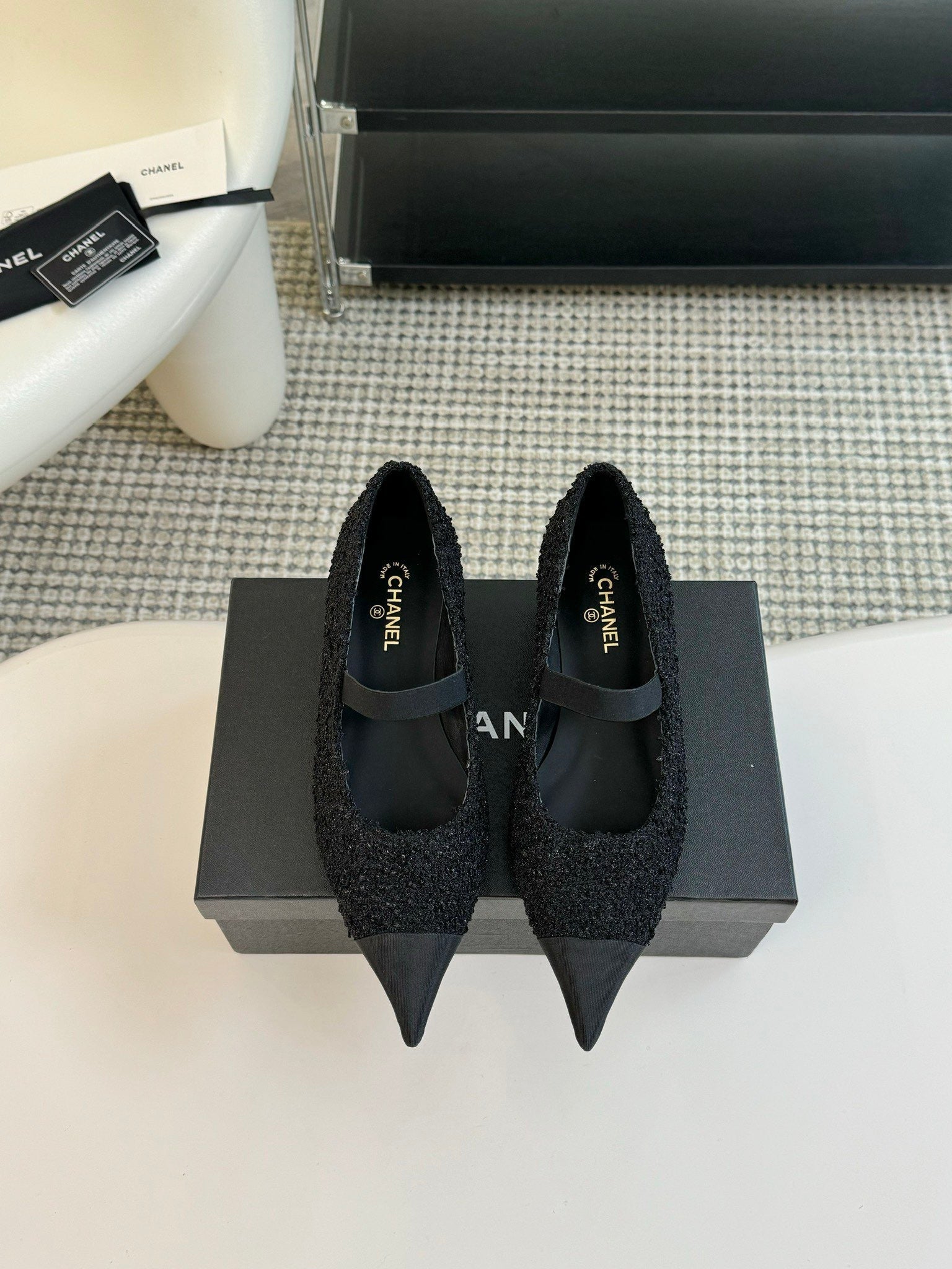 CHANEL MARY JANE IN BLACK WOOL TWEED AND SATIN