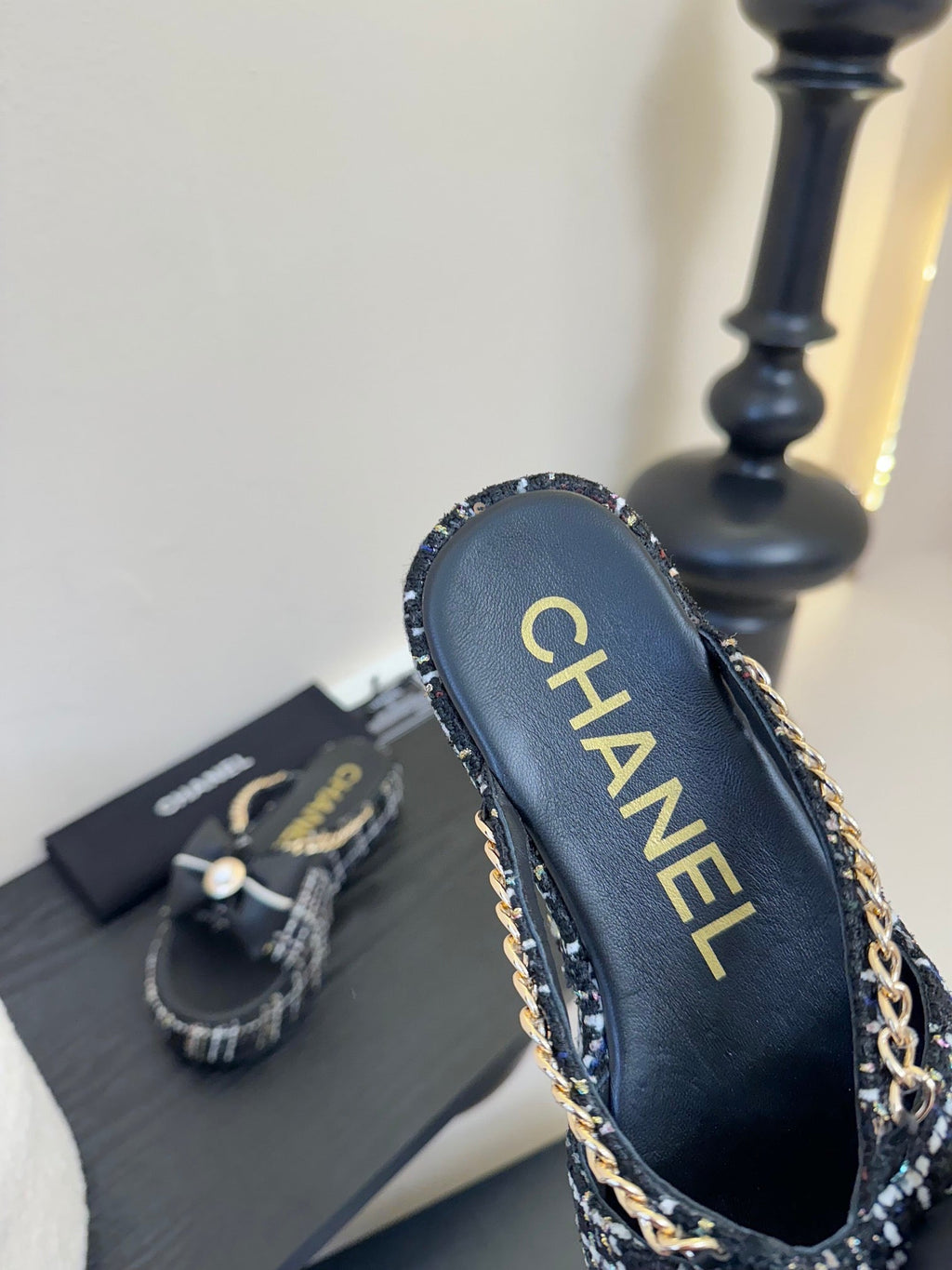 CHANEL PLATFORM FLIP-FLOPS IN BLACK TWEED FABRIC