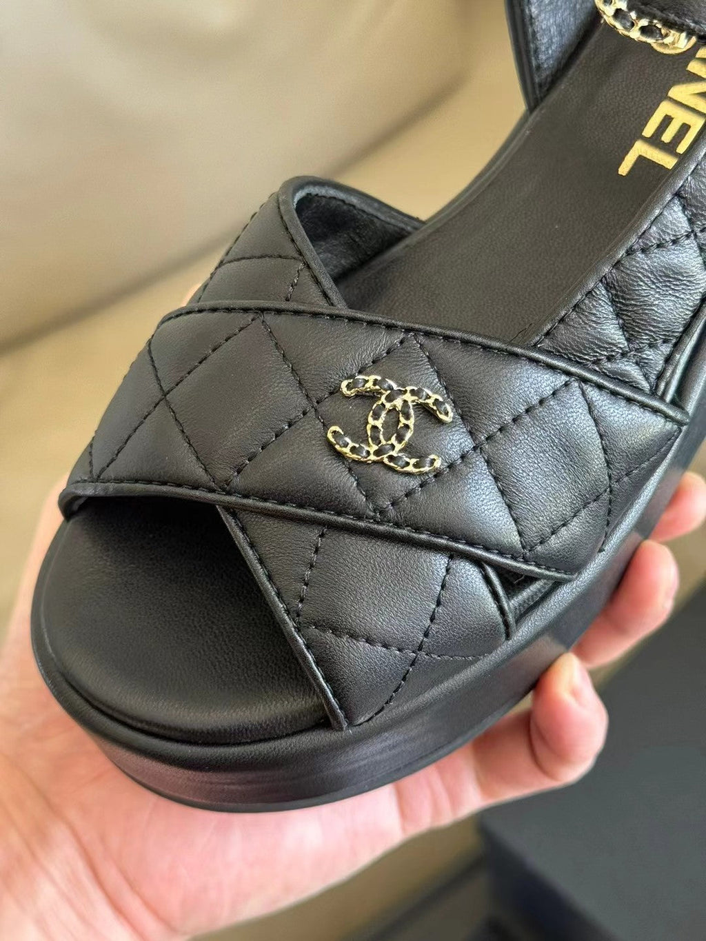 CHANEL CLASSIC WEDGE SANDALS IN BLACK LAMBSKIN