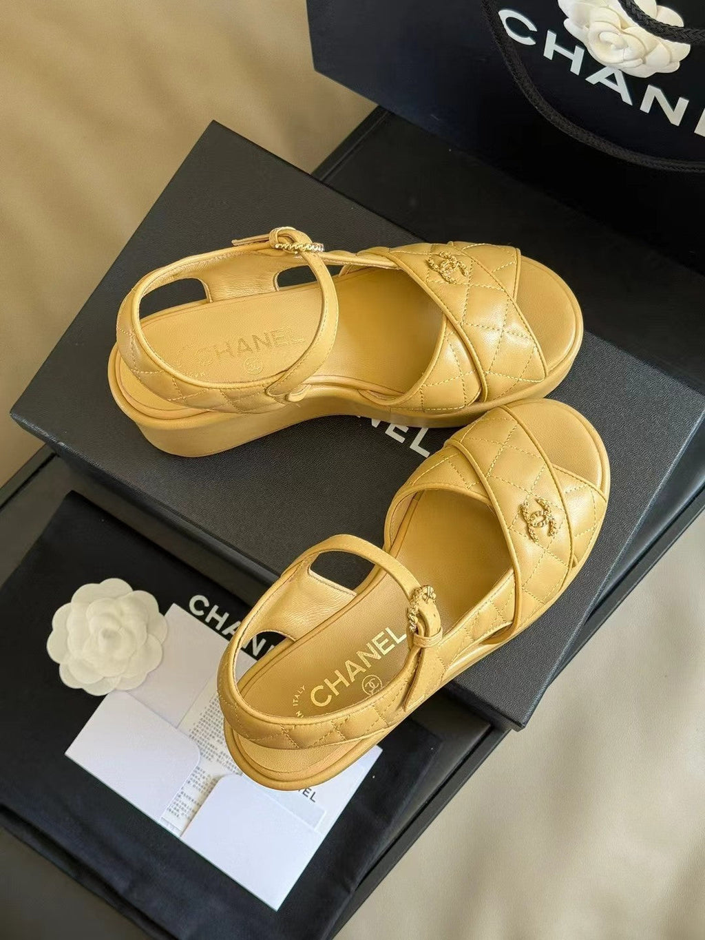 CHANEL CLASSIC WEDGE SANDALS IN LIGHT YELLOW LAMBSKIN