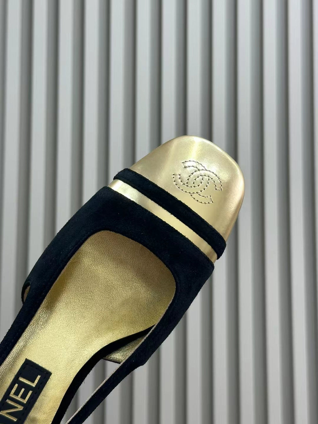 CHANEL SLINGBACKS IN BLACK SUEDE AND GOLDEN LAMBSKIN