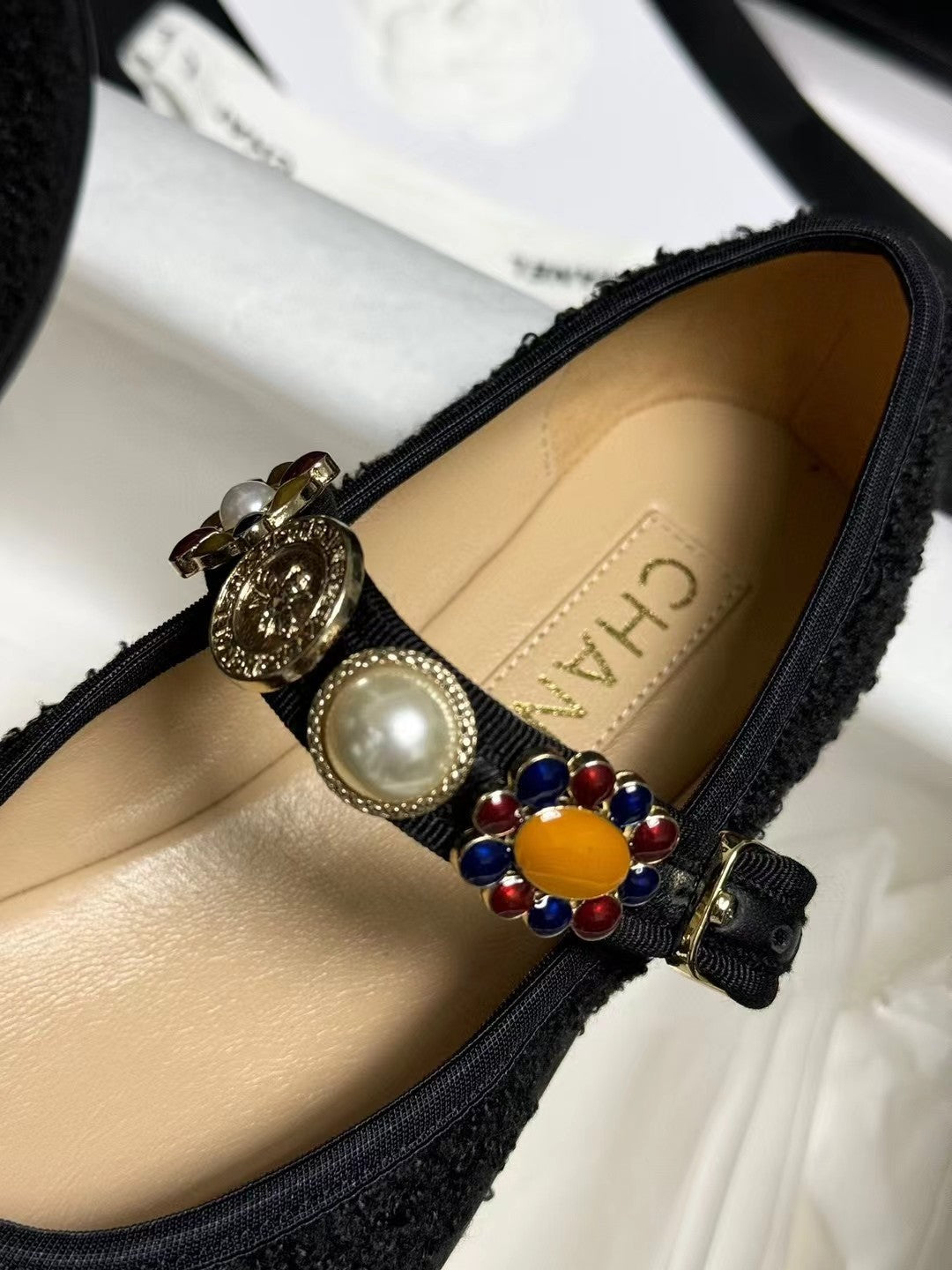 CHANEL MARY JANES BLACK WOOL TWEED AND FABRIC