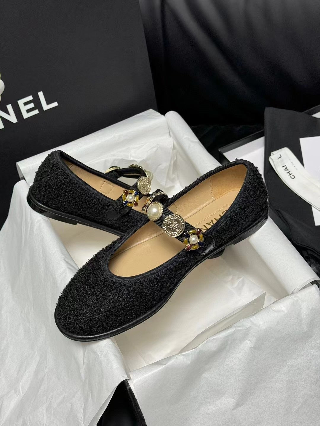CHANEL MARY JANES BLACK WOOL TWEED AND FABRIC