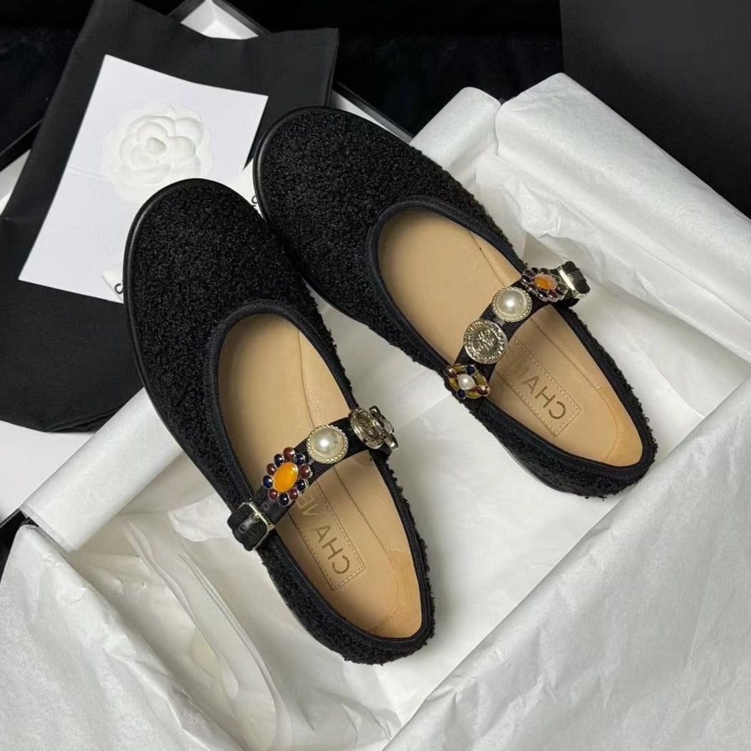 CHANEL MARY JANES BLACK WOOL TWEED AND FABRIC