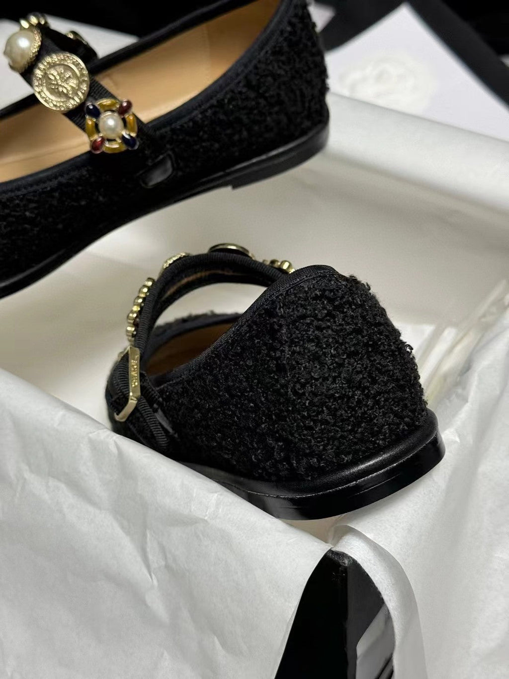 CHANEL MARY JANES BLACK WOOL TWEED AND FABRIC