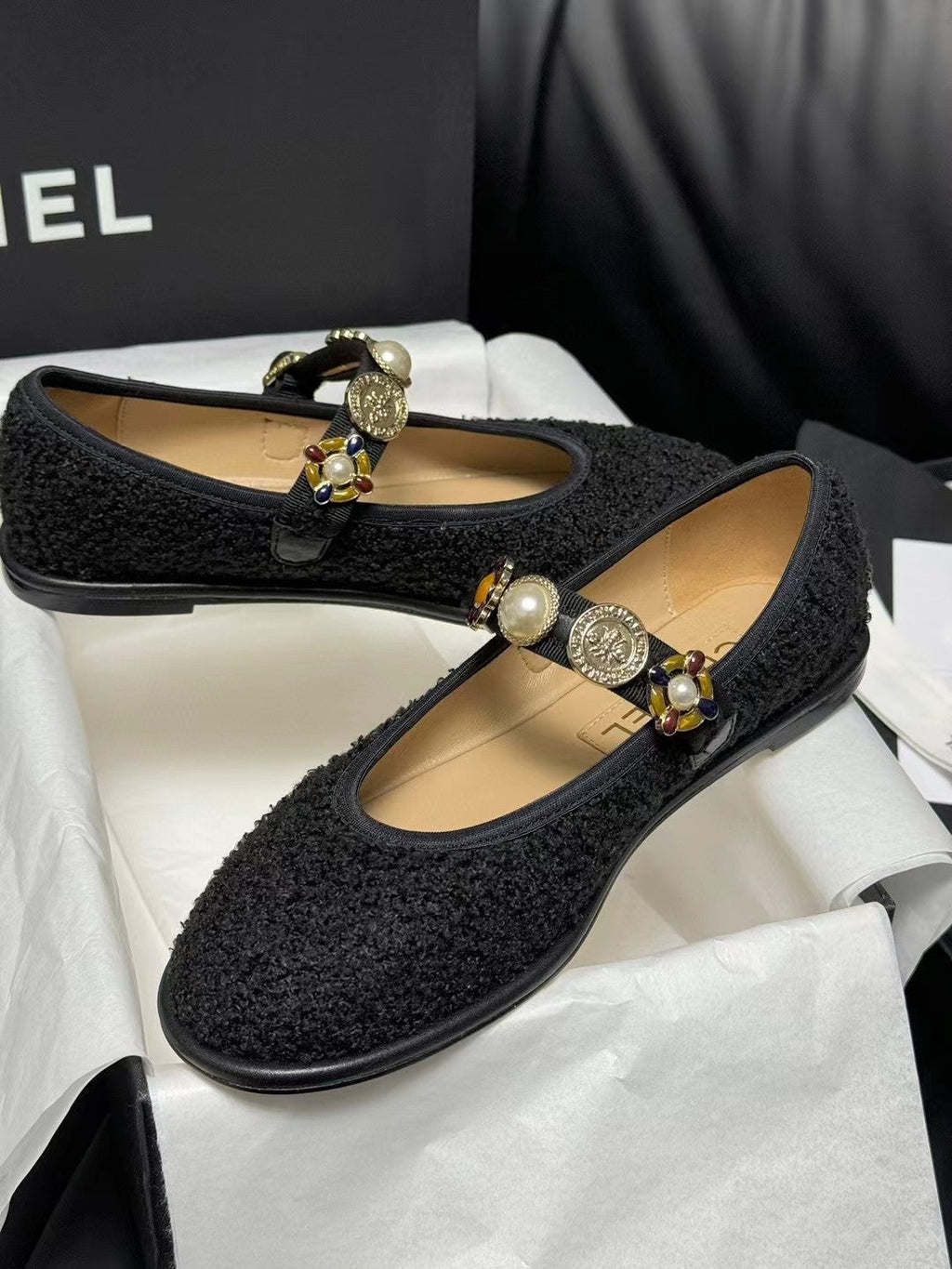 CHANEL MARY JANES BLACK WOOL TWEED AND FABRIC