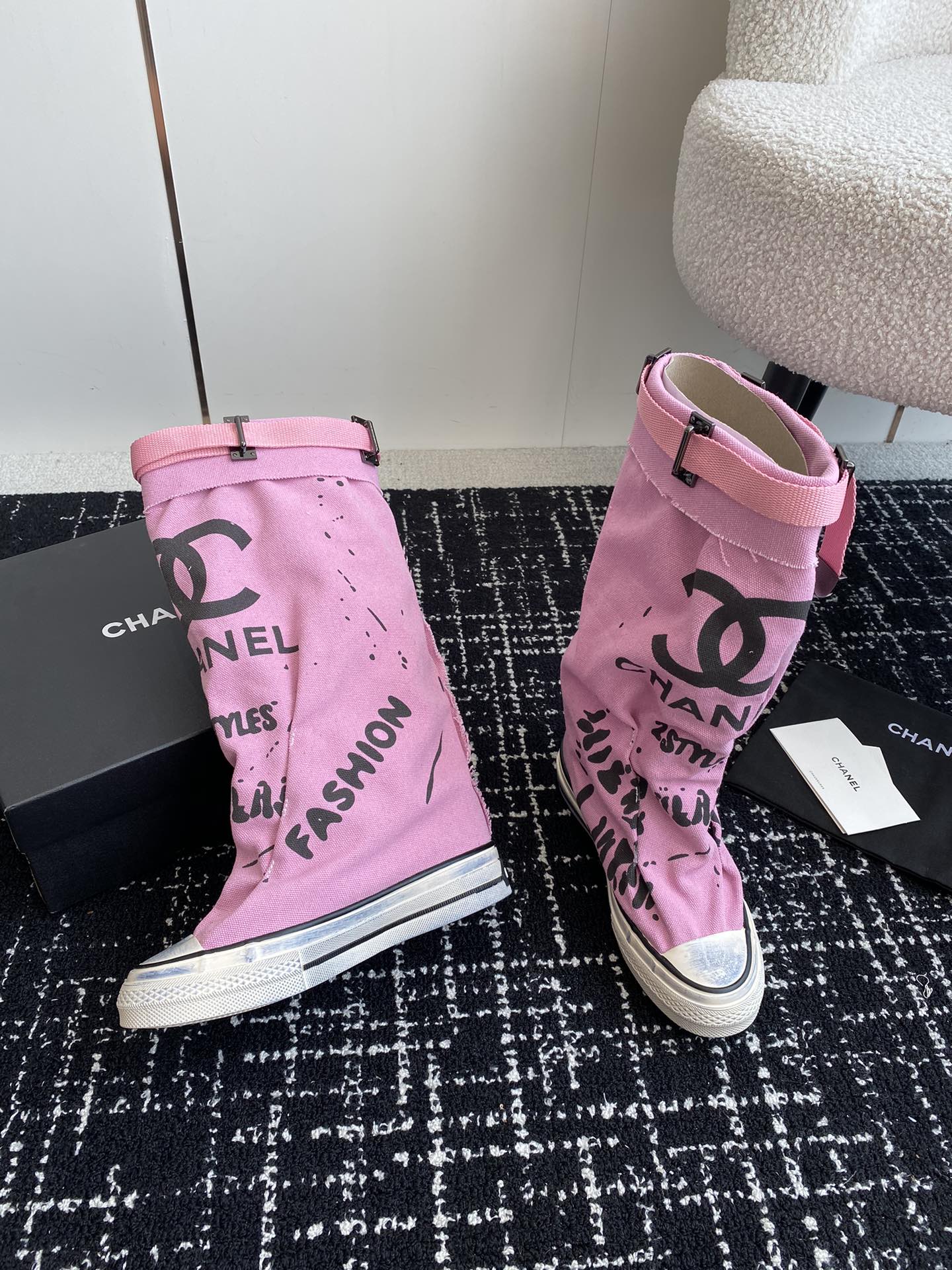 CHANEL HIGH BOOTS IN HOT PINK CANVAS