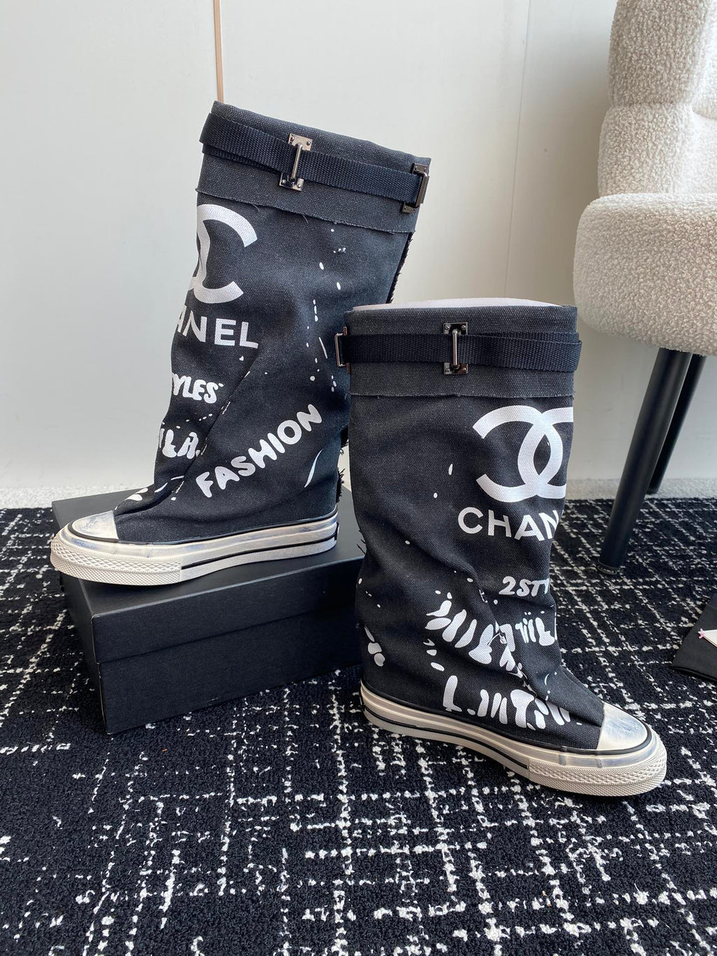 CHANEL HIGH BOOTS IN BLACK CANVAS