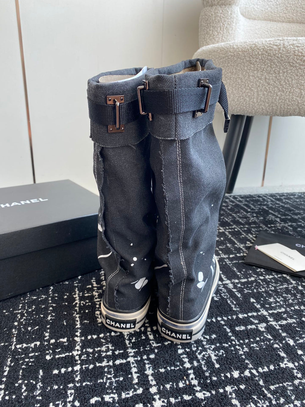 CHANEL HIGH BOOTS IN BLACK CANVAS