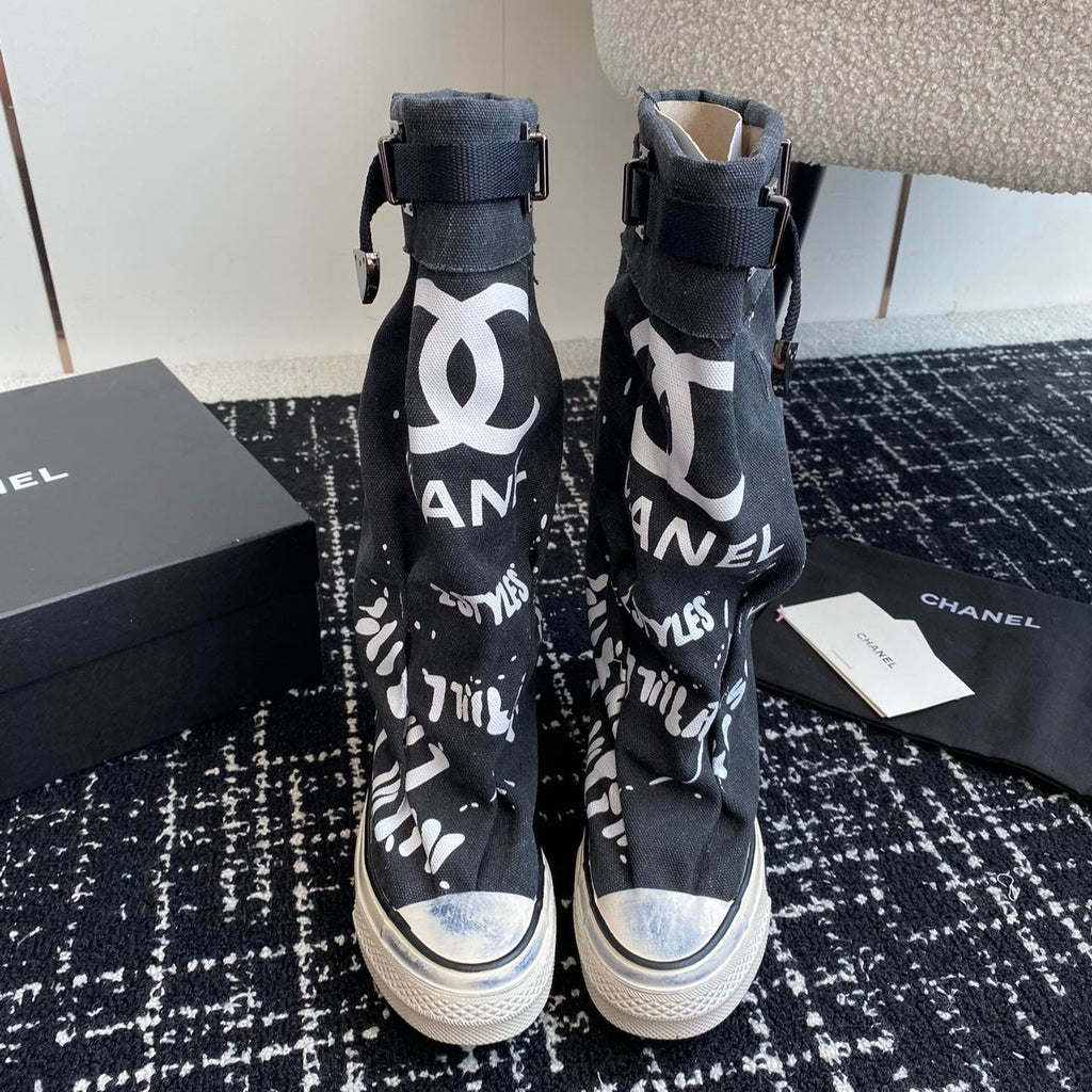 CHANEL HIGH BOOTS IN BLACK CANVAS