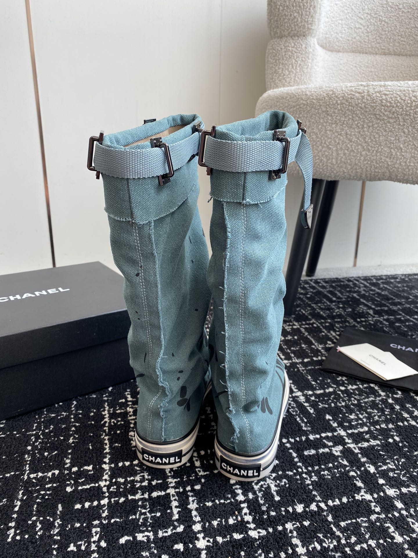 CHANEL HIGH BOOTS IN SAPPHIRE BLUE CANVAS